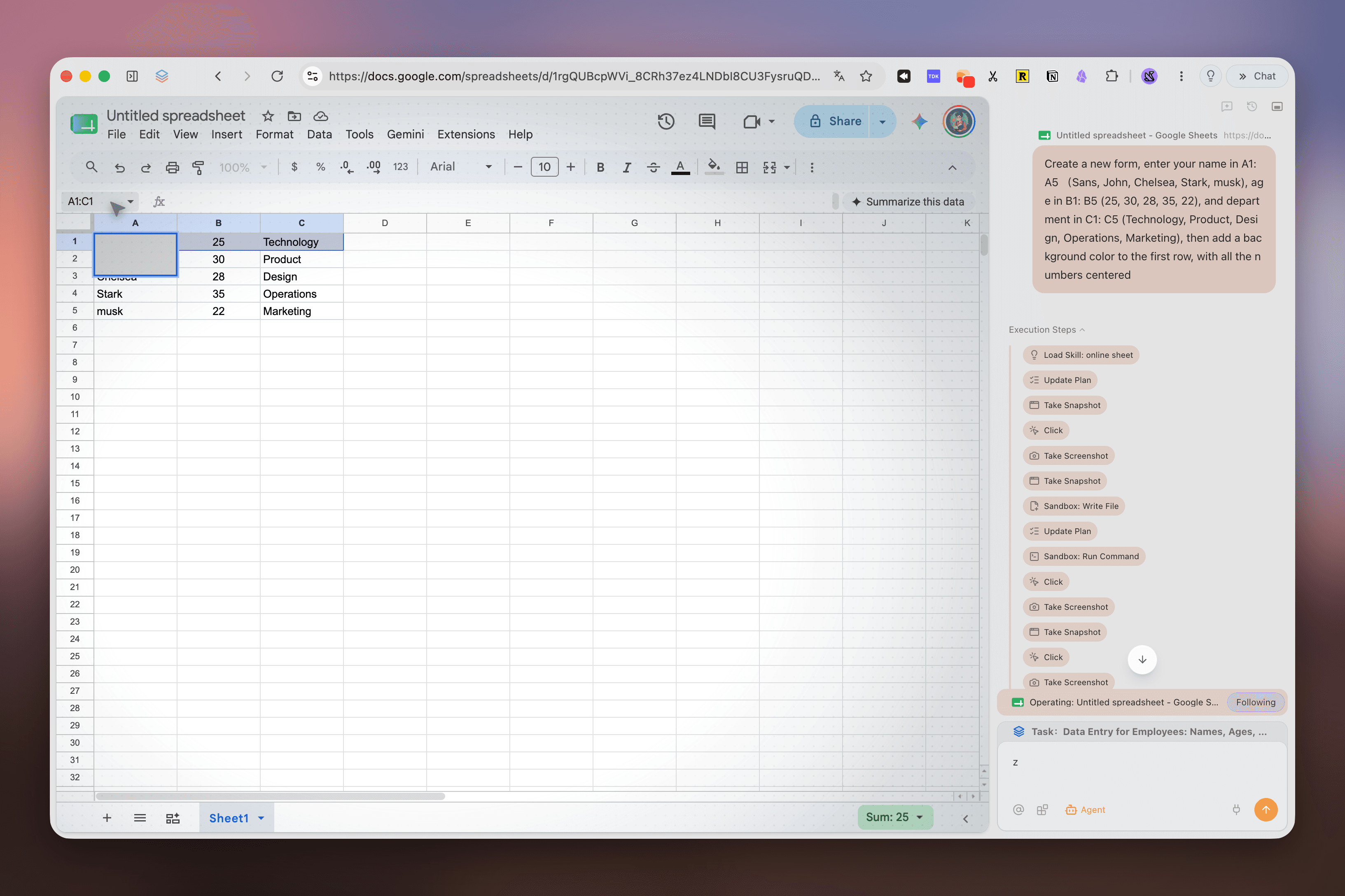 Tabbit Browser Agent workspace showing a spreadsheet beside a visible execution steps panel