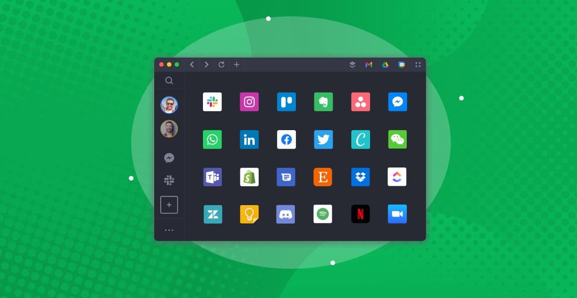 Ilustración oficial de Shift con cuadrícula oscura de apps, barra de cuentas, Slack, Teams, Gmail y Drive