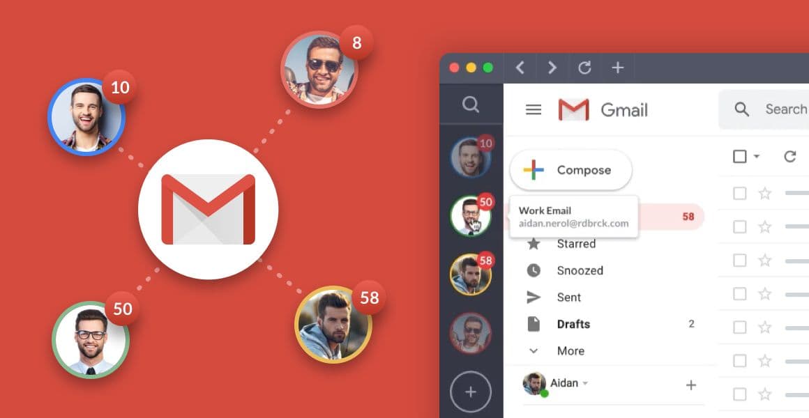 Ilustración oficial de Shift con varios avatares de Gmail, avisos de no leídos y la app Gmail