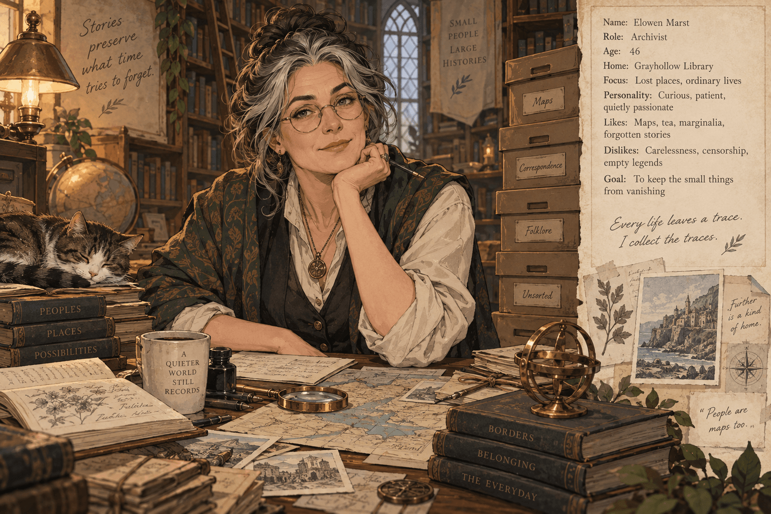 Ilustración de ficción: una archivera ante mapas en una biblioteca; arte conceptual para Elen Mars.