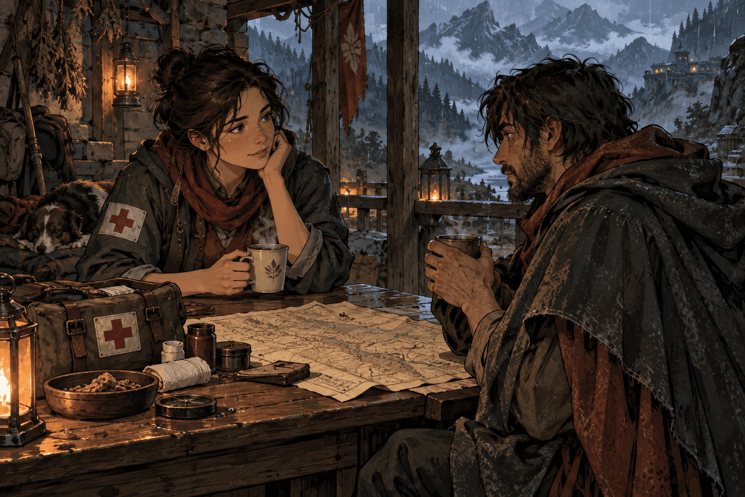 Ilustración de ficción: dos viajeros comparten té en un refugio de montaña; arte conceptual de fantasía acogedora.