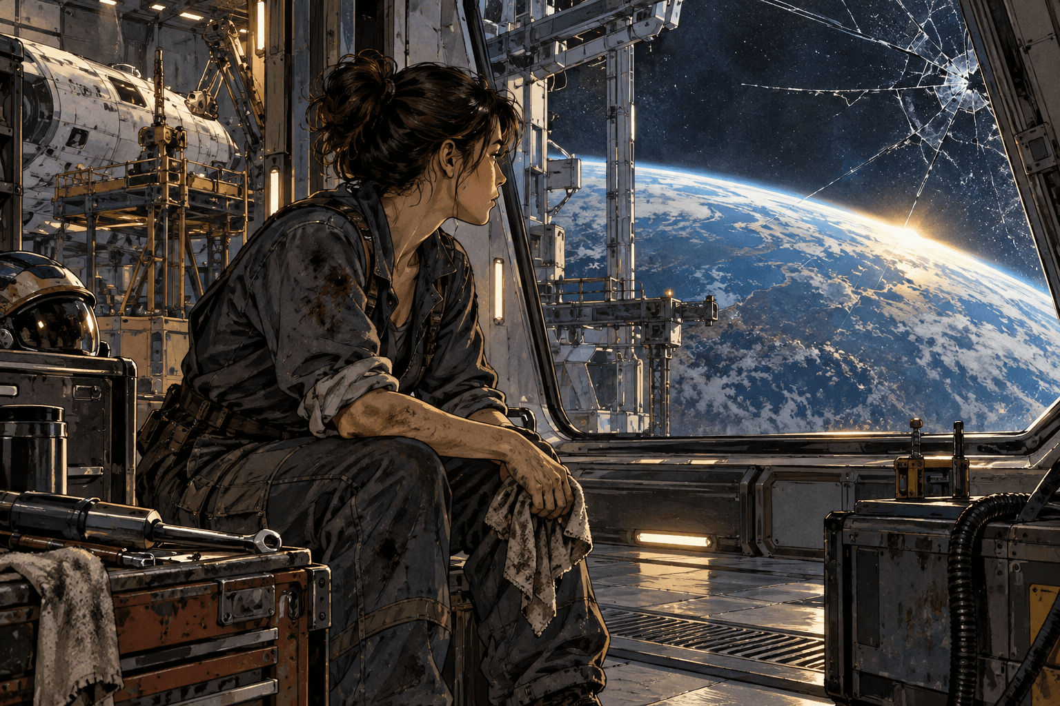 Ilustración de ficción: una mecánica en un taller orbital; arte conceptual para Nia Vale.
