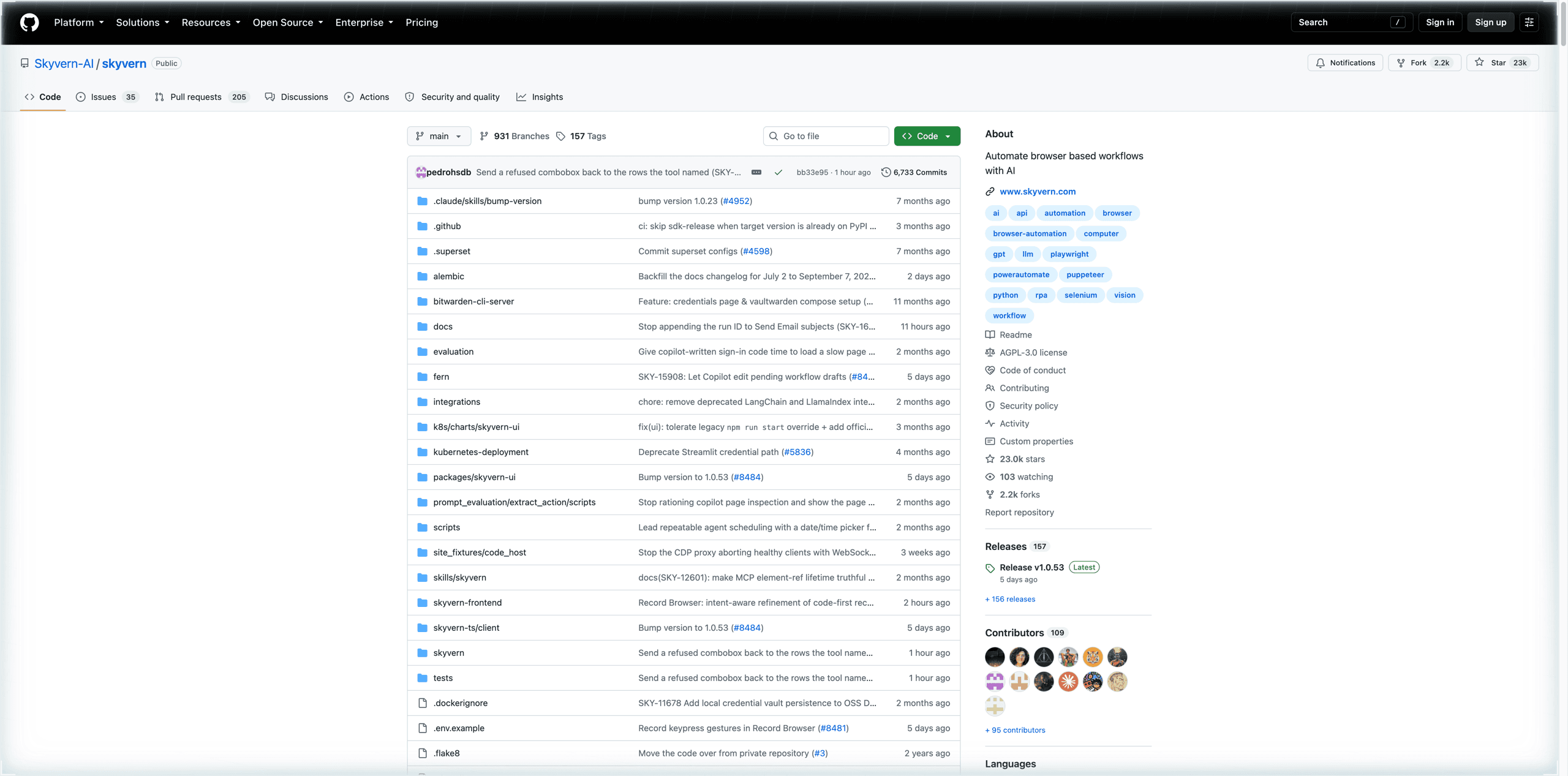 Skyvern open-source GitHub repository highlighting 23k stars, Playwright SDK integration, and releases.