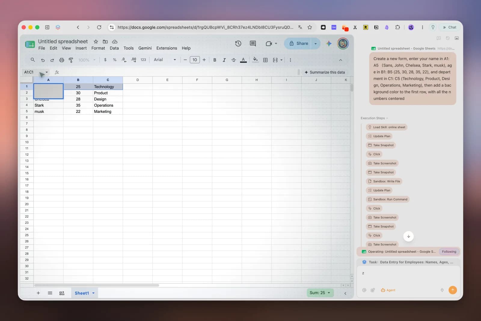 Tabbit Agent Mode entering structured data into Google Sheets with execution steps visible in the sidebar