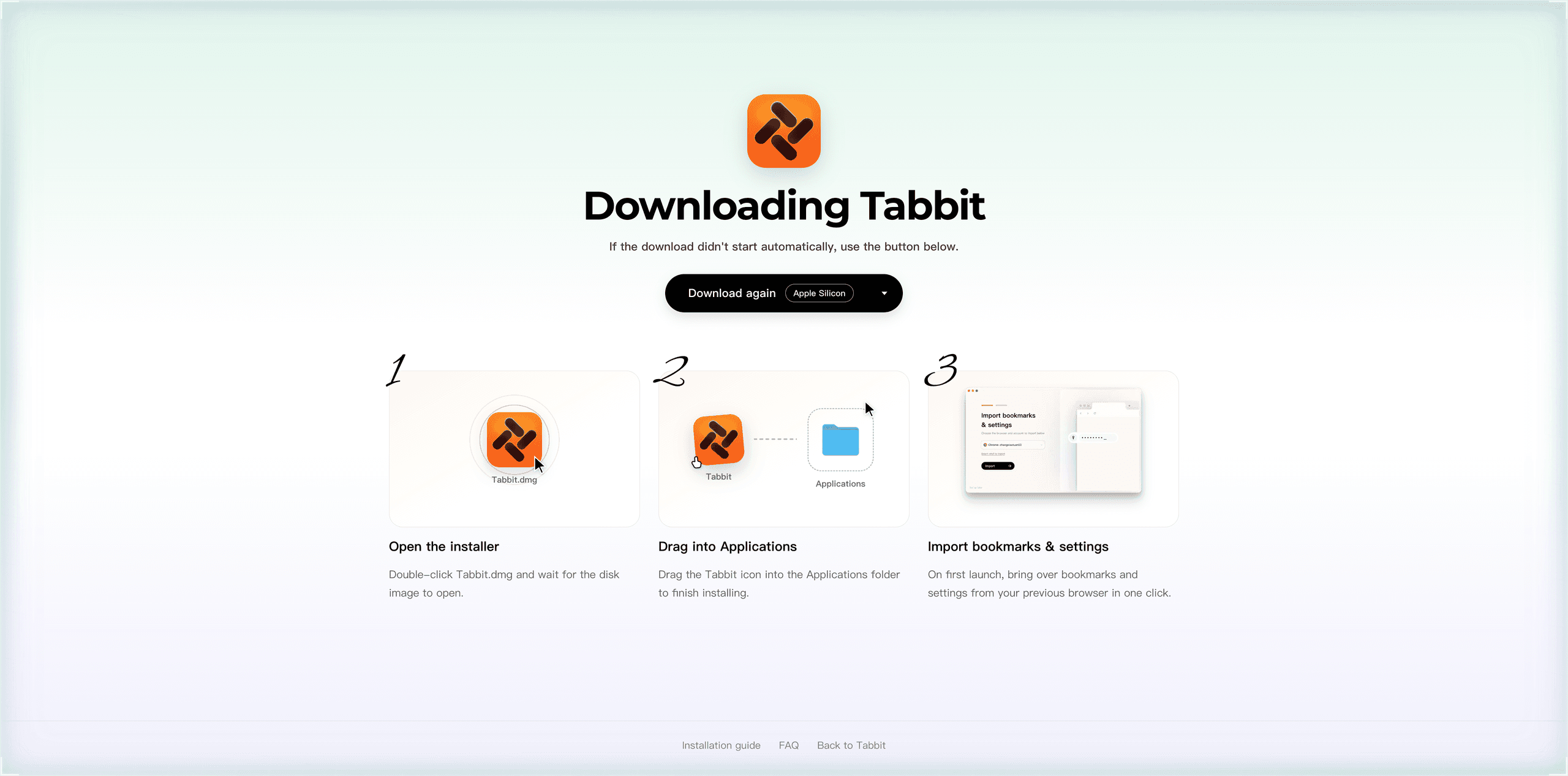 Página oficial de descarga de Tabbit con el selector de plataforma y la guía de instalación en tres pasos para macOS