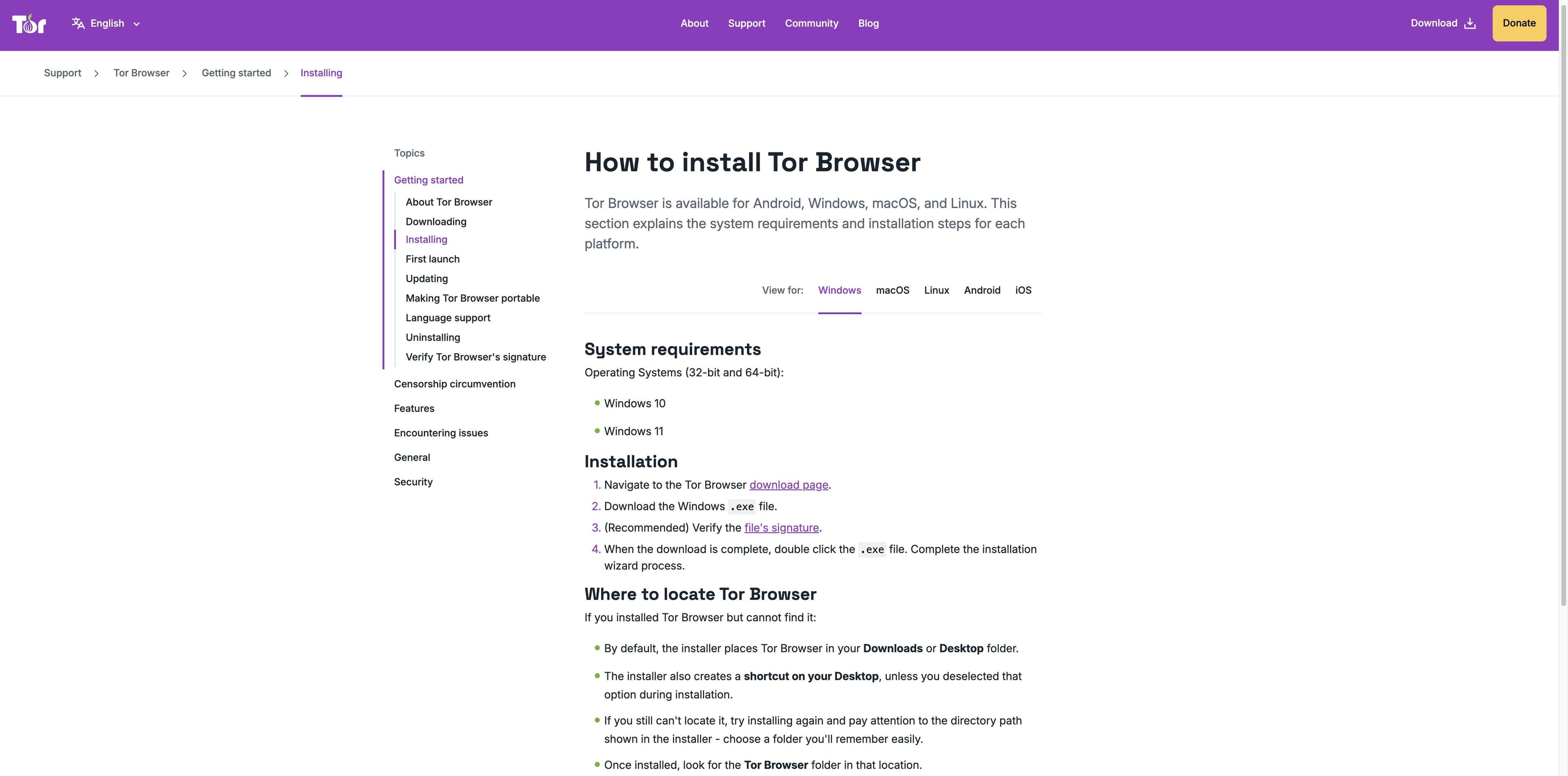 Tor Project installation help showing Windows 10 and Windows 11 requirements and the Windows EXE installation steps