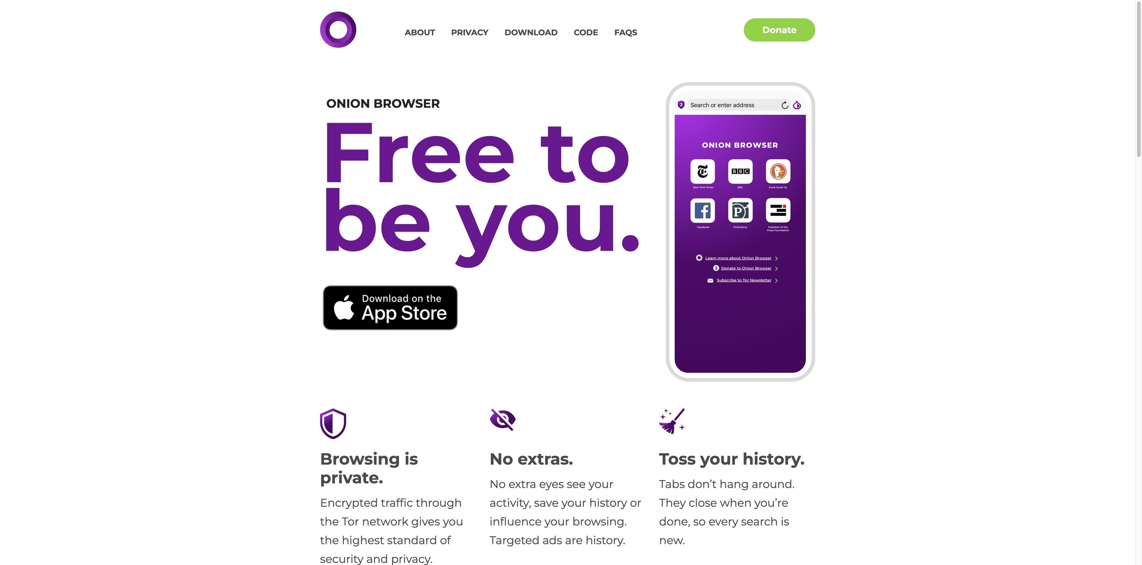 Screenshot of the Onion Browser official website showing an iPhone interface, App Store button, and privacy claims
