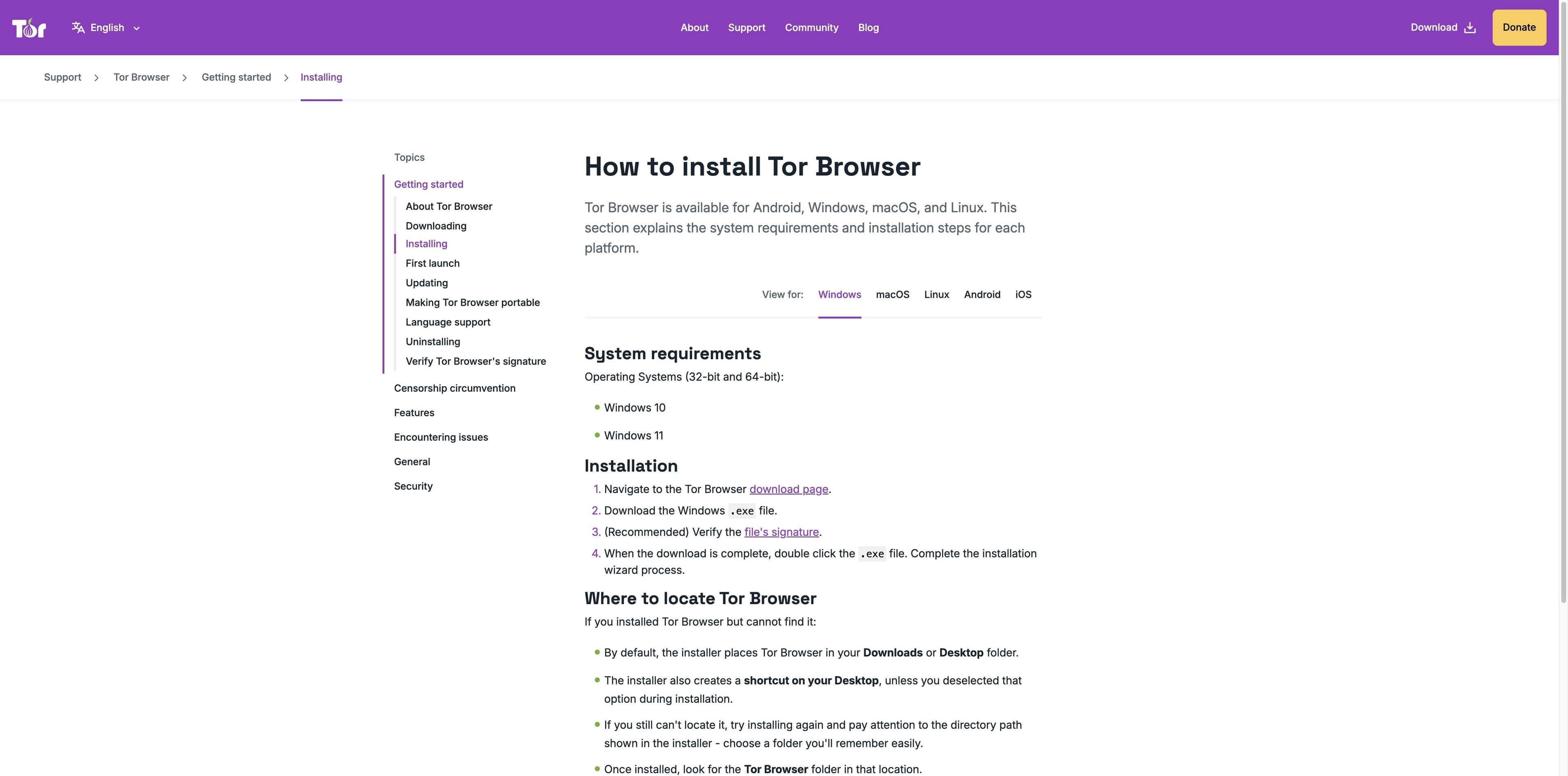 Screenshot of Tor Project support showing How to install Tor Browser, platform tabs, and the Windows installation guide