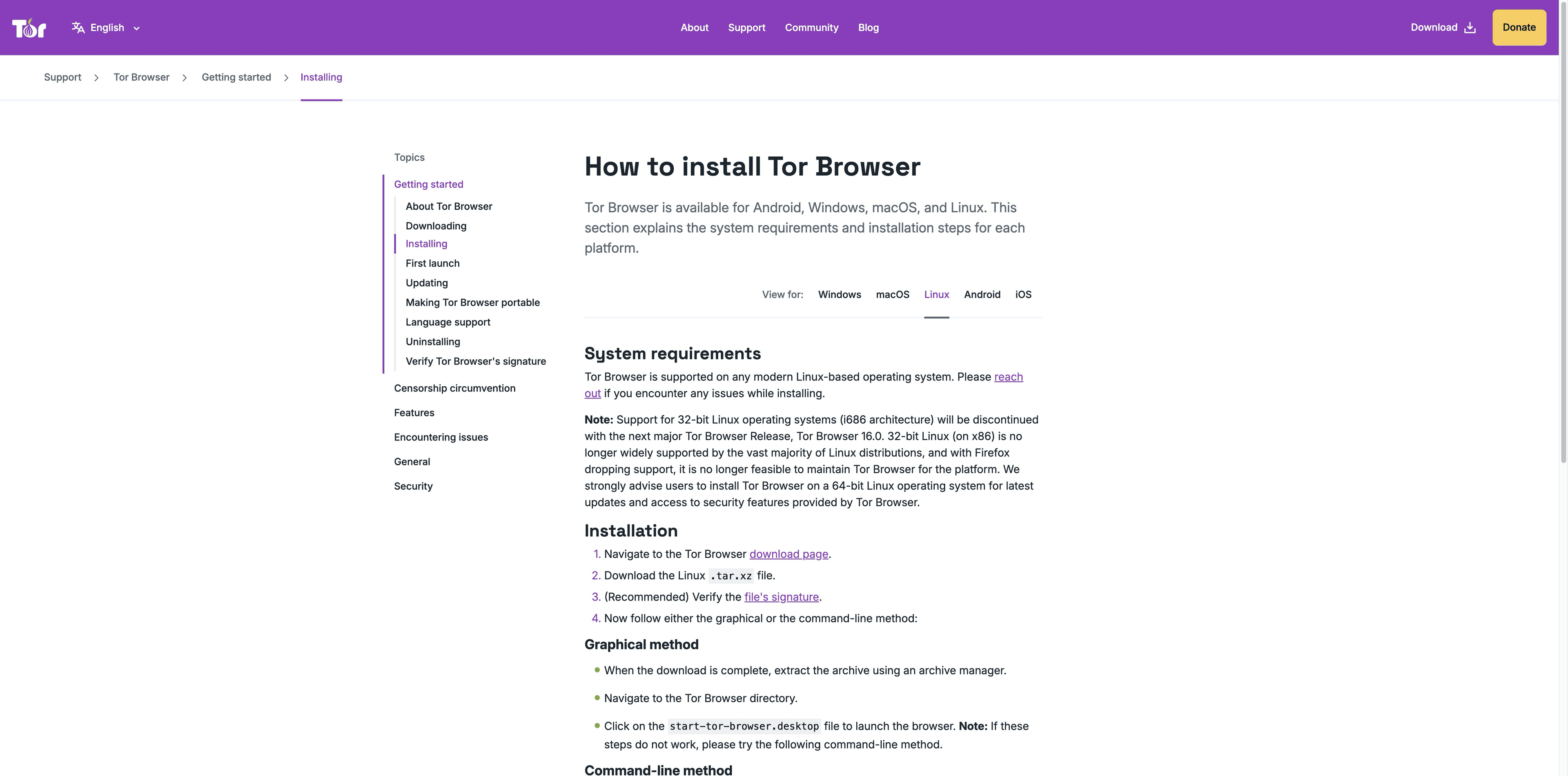 Instructions Linux Tor Project montrant la limite x86_64 et les étapes de lancement du tarball
