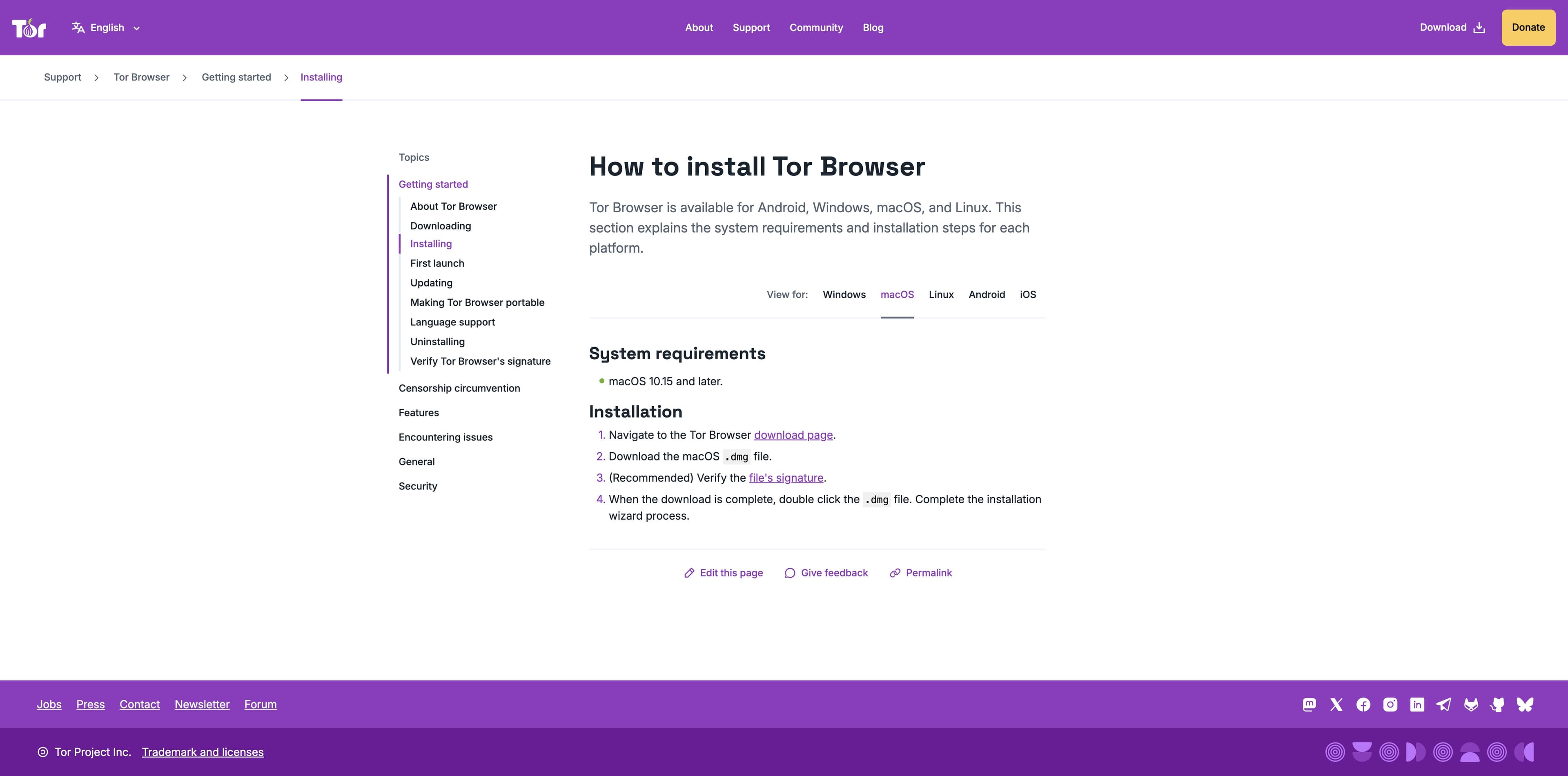 macOS 10.15 이상 요구 사항과 DMG 설치 절차를 보여주는 Tor Project 설치 도움말