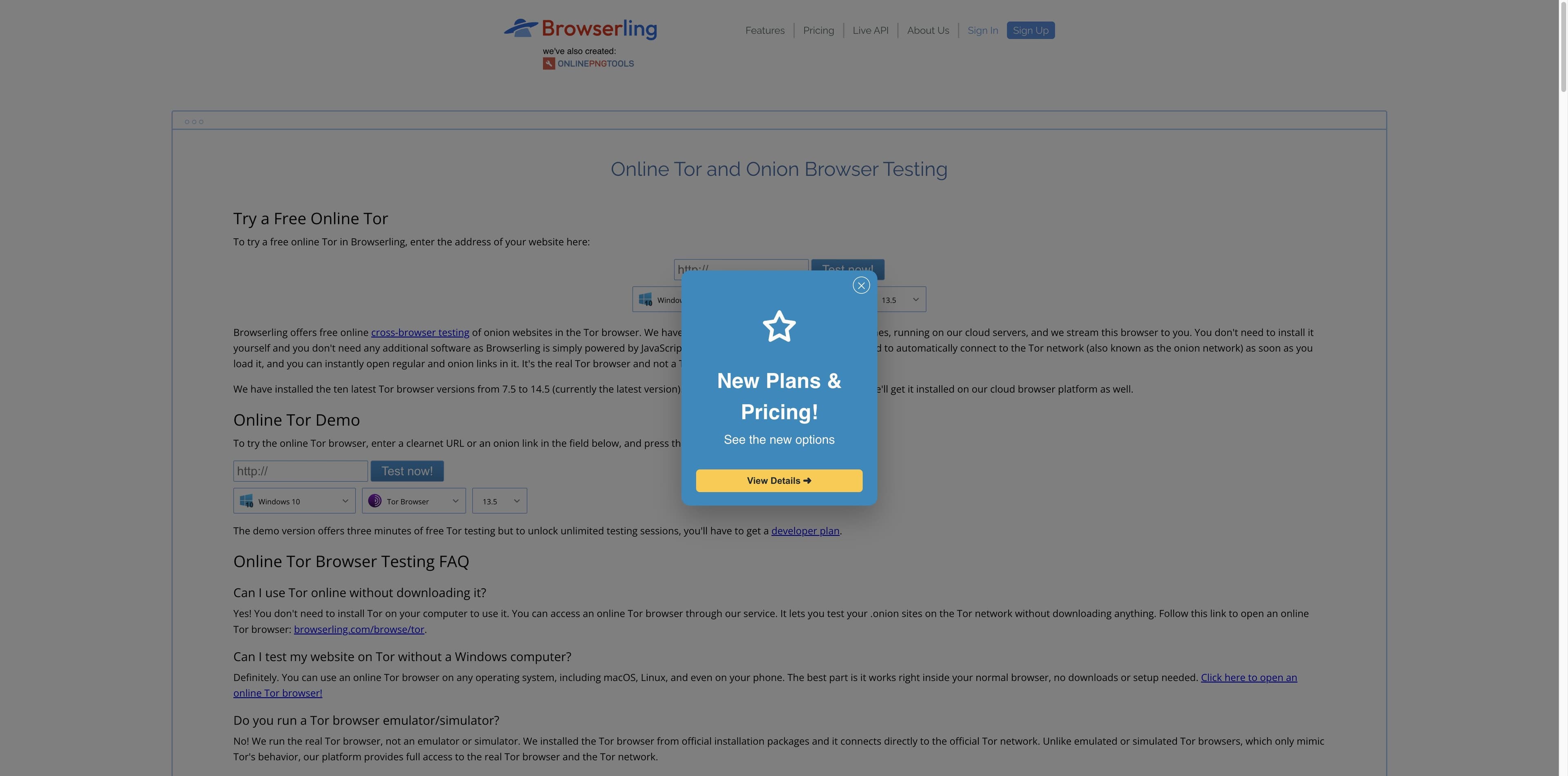 Browserling page titled Online Tor and Onion Browser Testing, showing a cloud testing form, Tor Browser version selector and a pricing overlay.