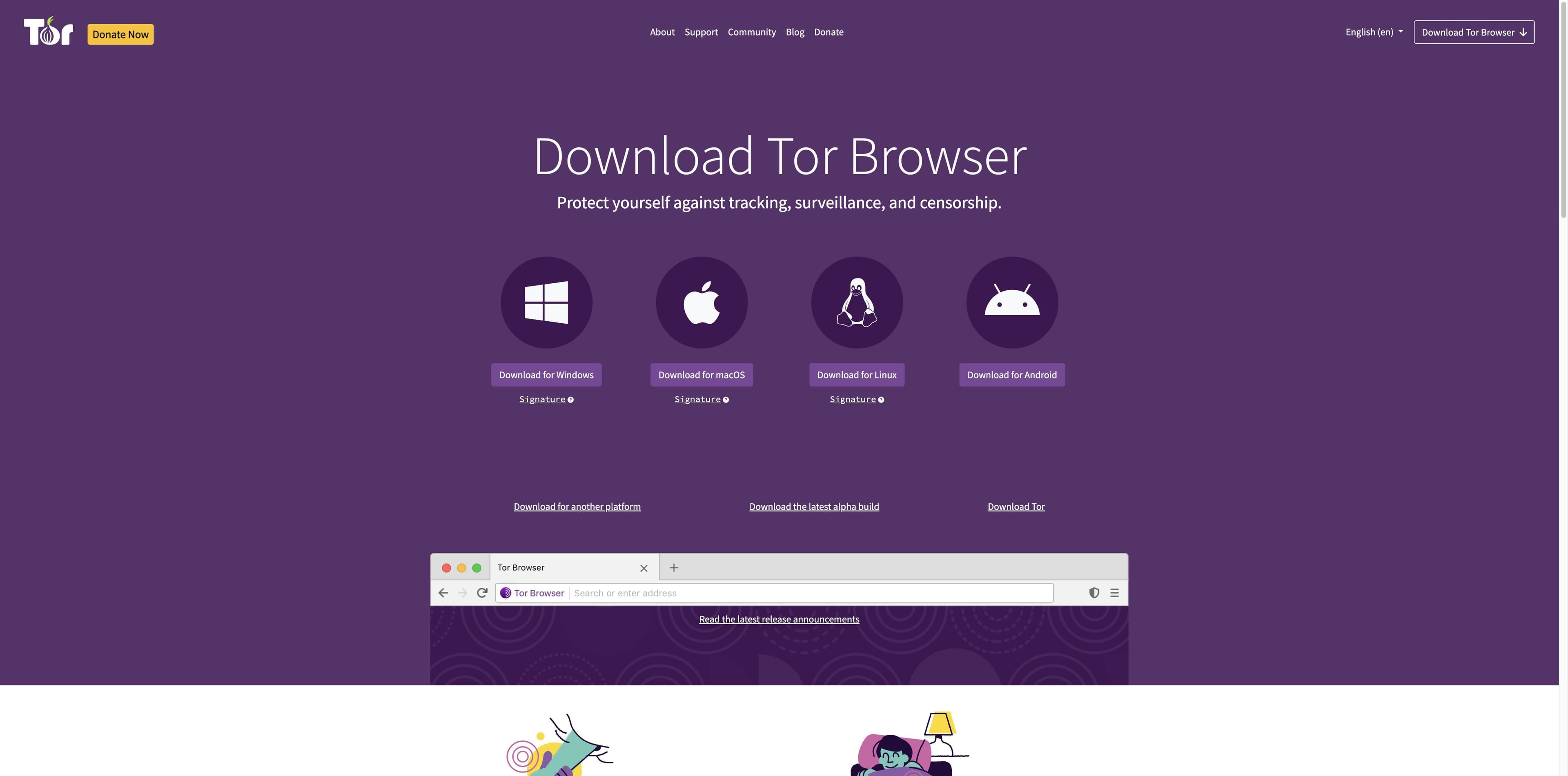 Tor Project download page showing the official Tor Browser choices for Windows, macOS, Linux and Android, with signature links below desktop packages.