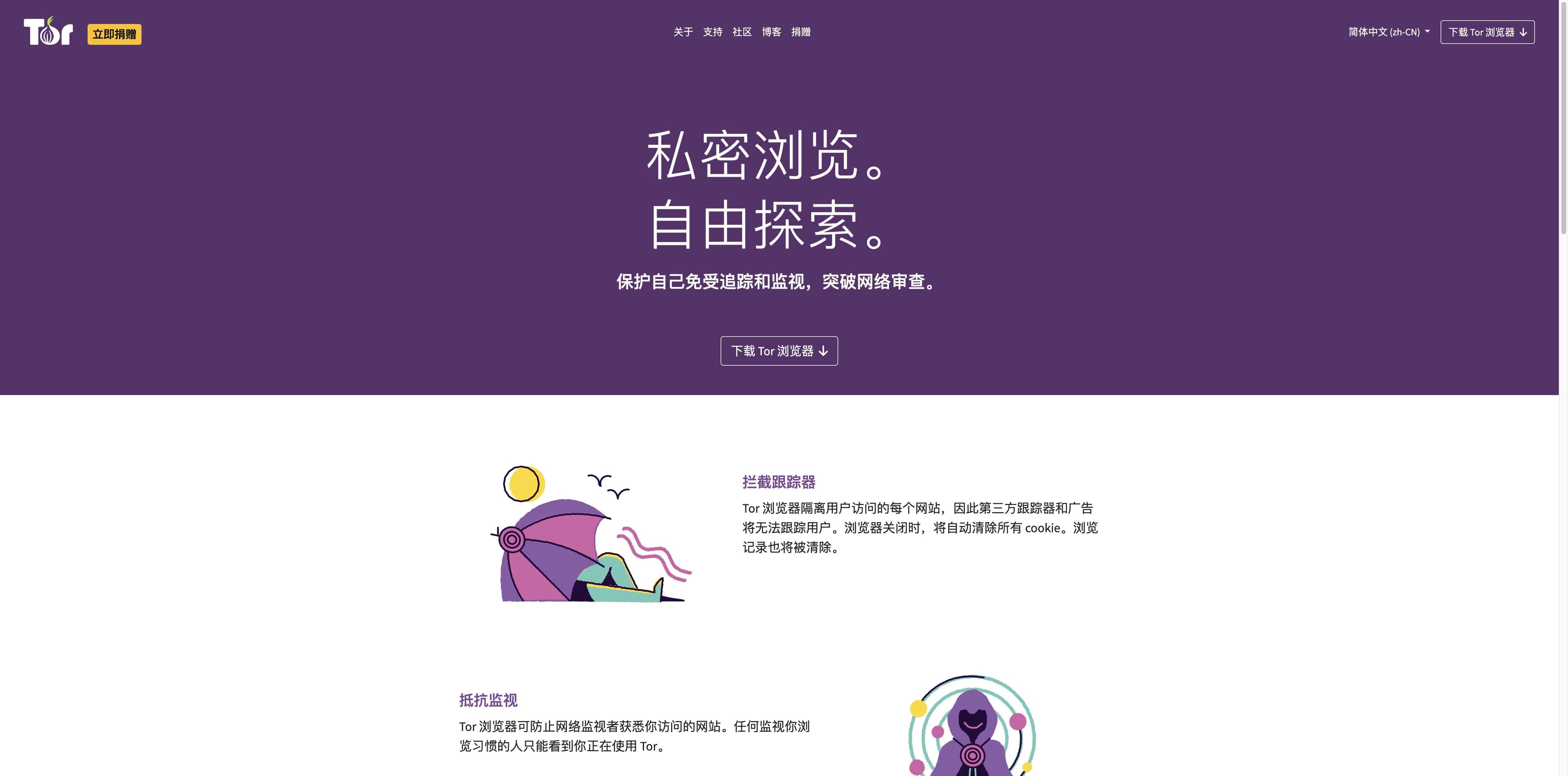 Tor Project homepage in Chinese showing private browsing, freedom to explore, tracker isolation, anti-surveillance and fingerprinting explanations.