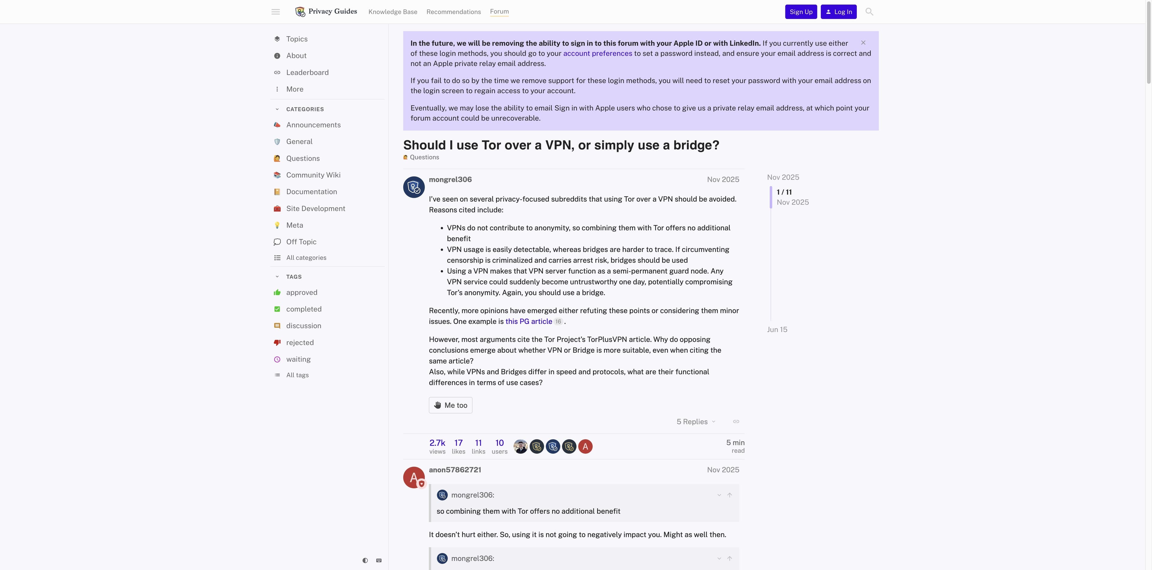 Privacy Guides discussion titled whether to use Tor over a VPN or a bridge