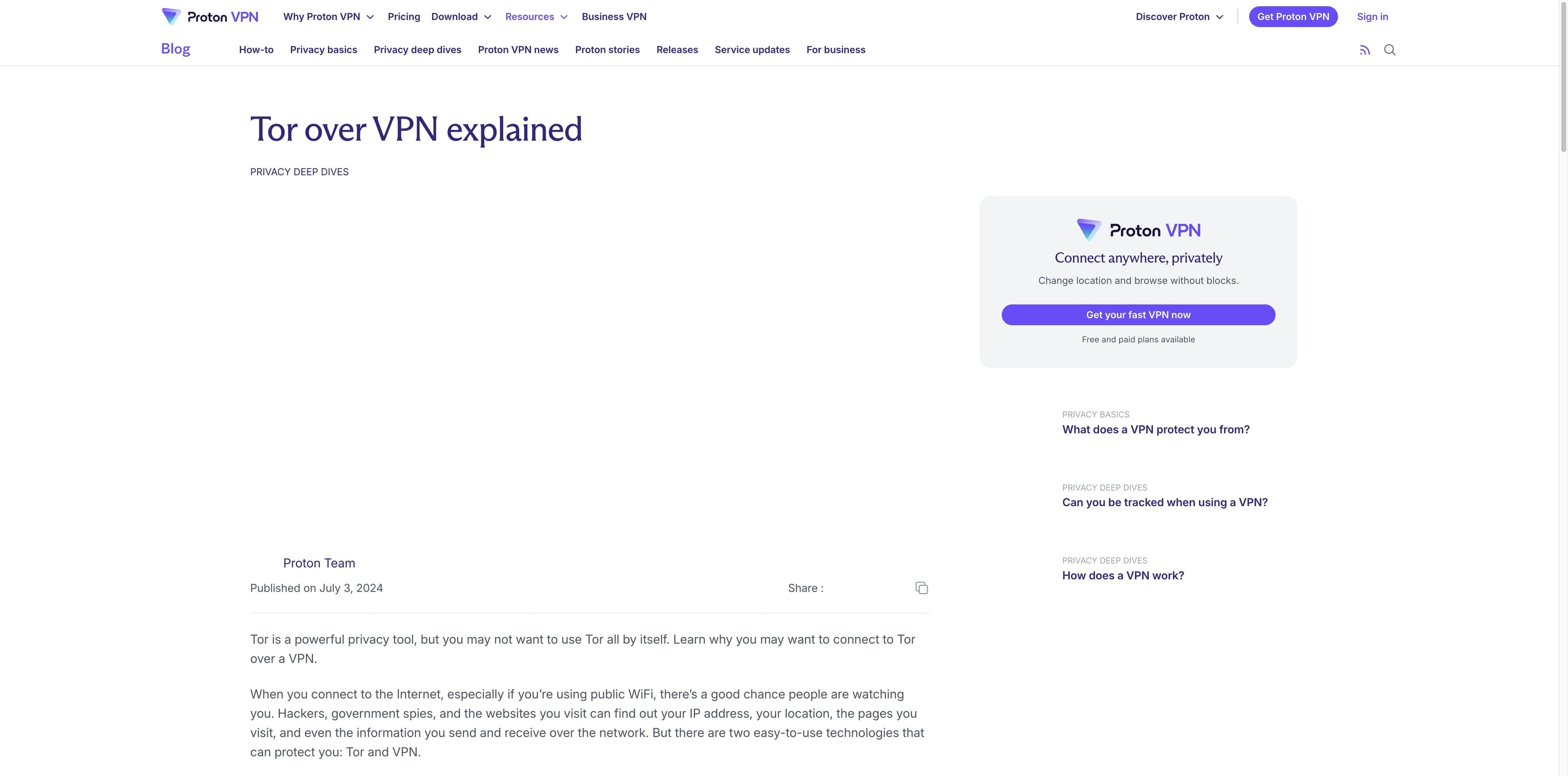 Proton VPN article explaining Tor over VPN with a provider call to action