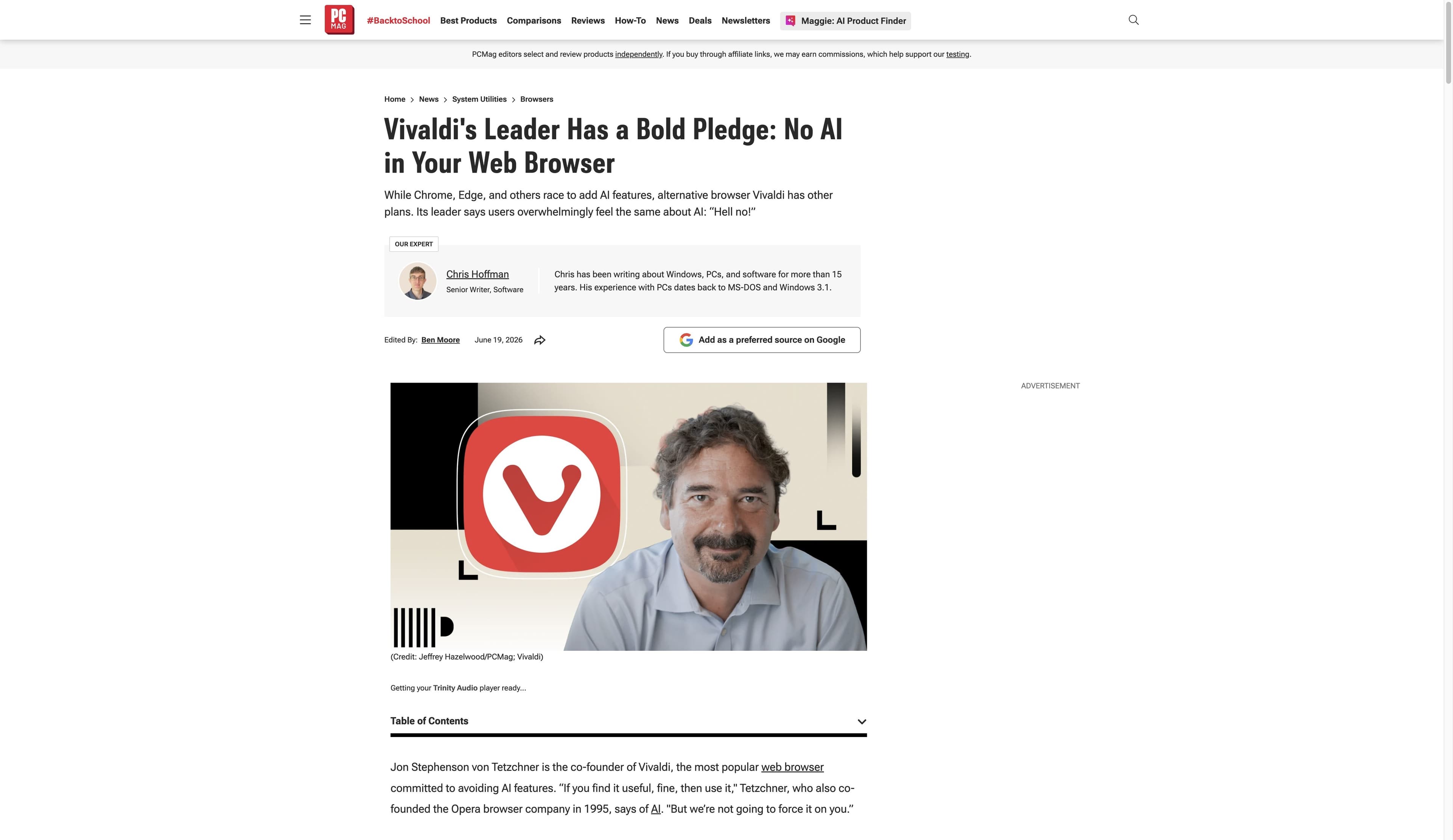 PCMag report about Vivaldi and AI with headline, author details, date and Vivaldi founder image visible