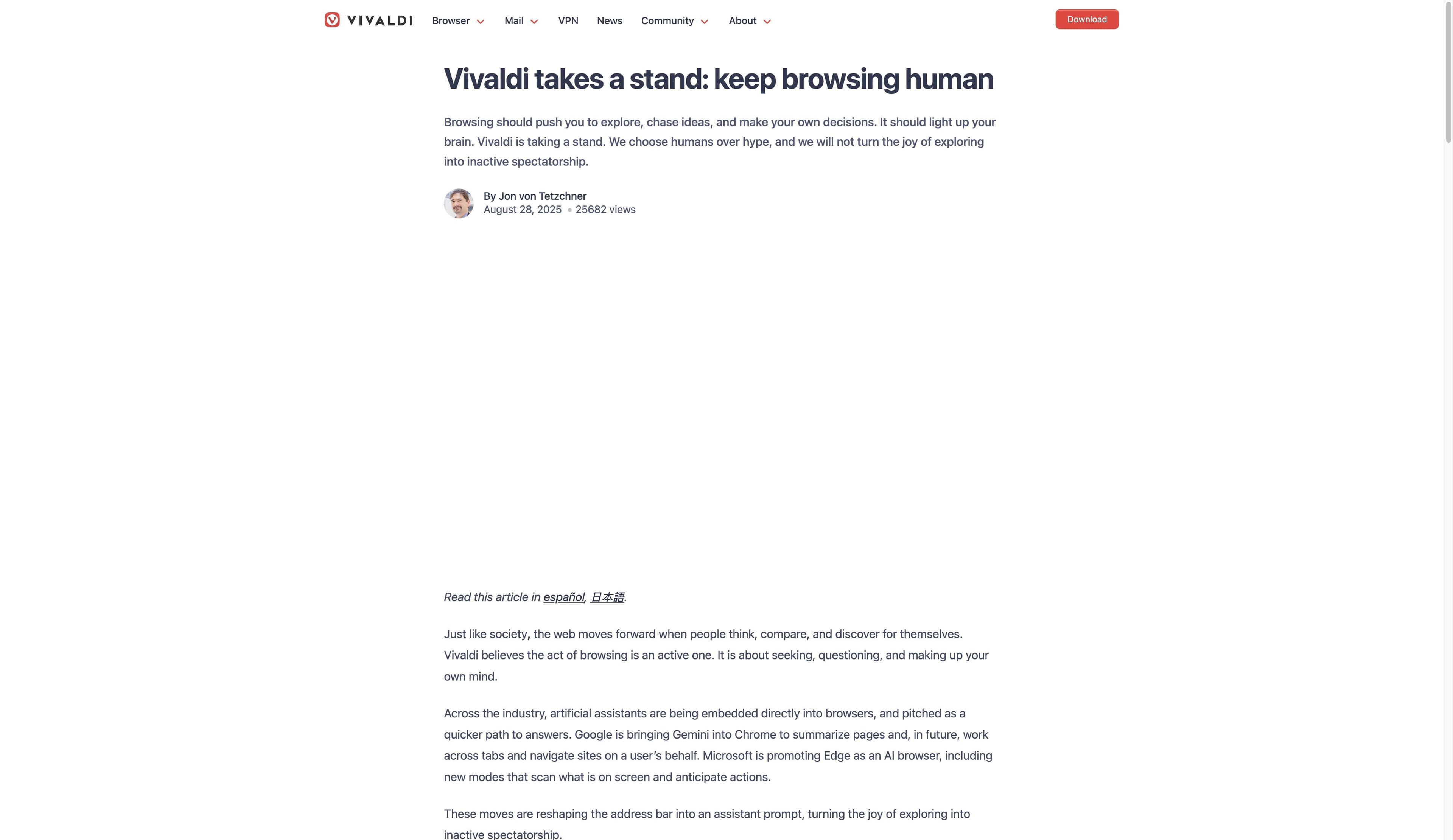 Vivaldi official blog article titled Vivaldi takes a stand: keep browsing human, showing its published AI position