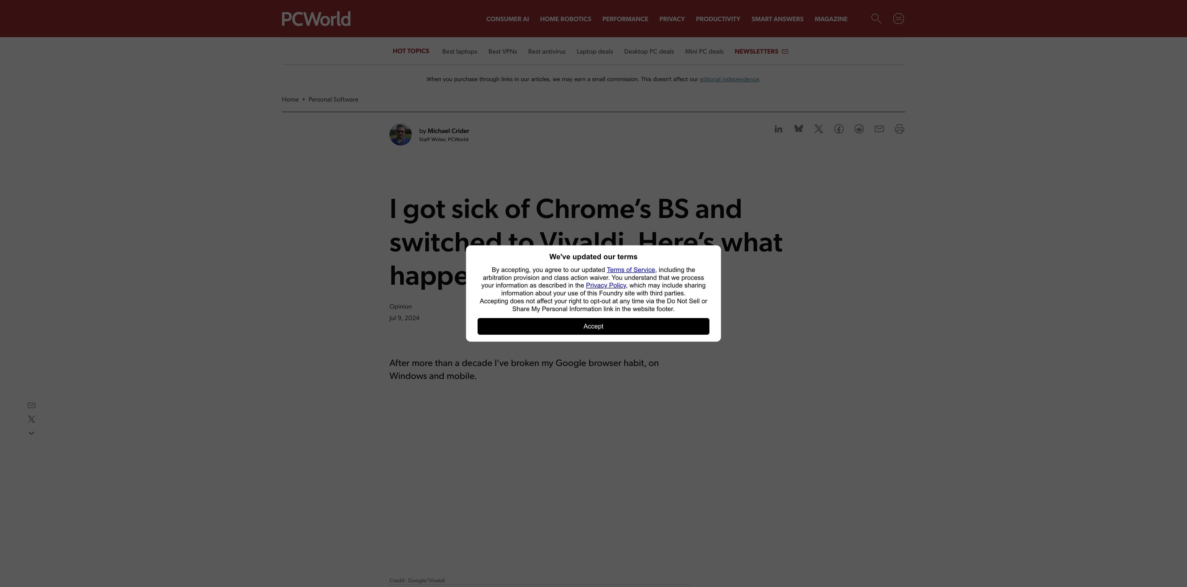 PCWorld article page titled I got sick of Chrome’s BS and switched to Vivaldi, shown as independent browser migration evidence
