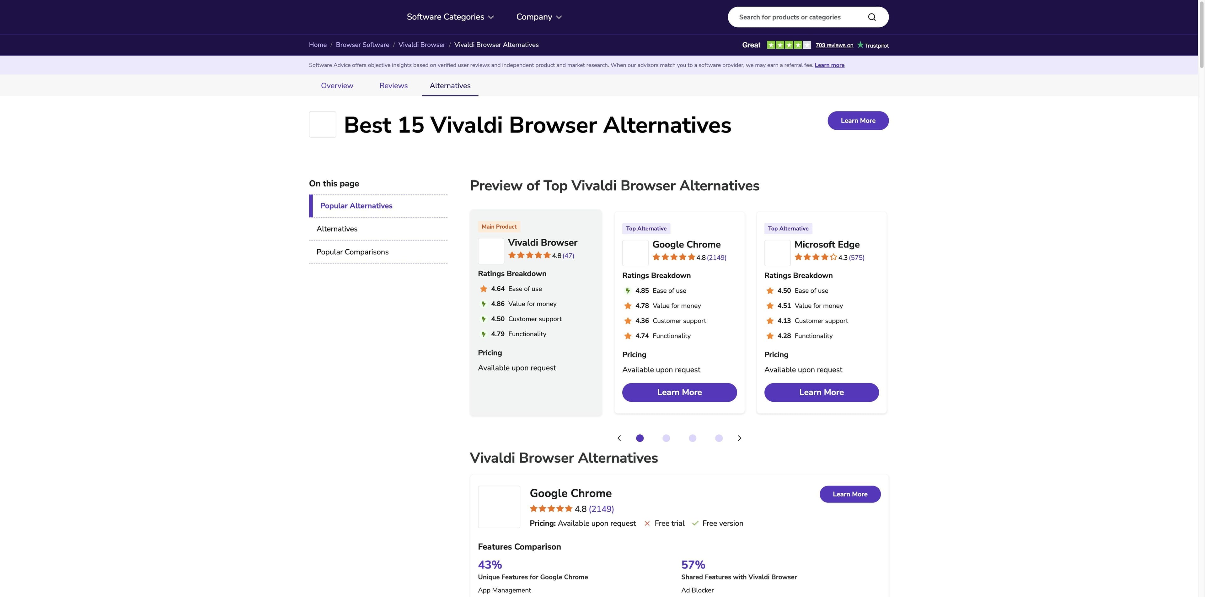 Software Advice page showing Vivaldi Browser alternatives with preview cards for Chrome and Microsoft Edge and a feature comparison section