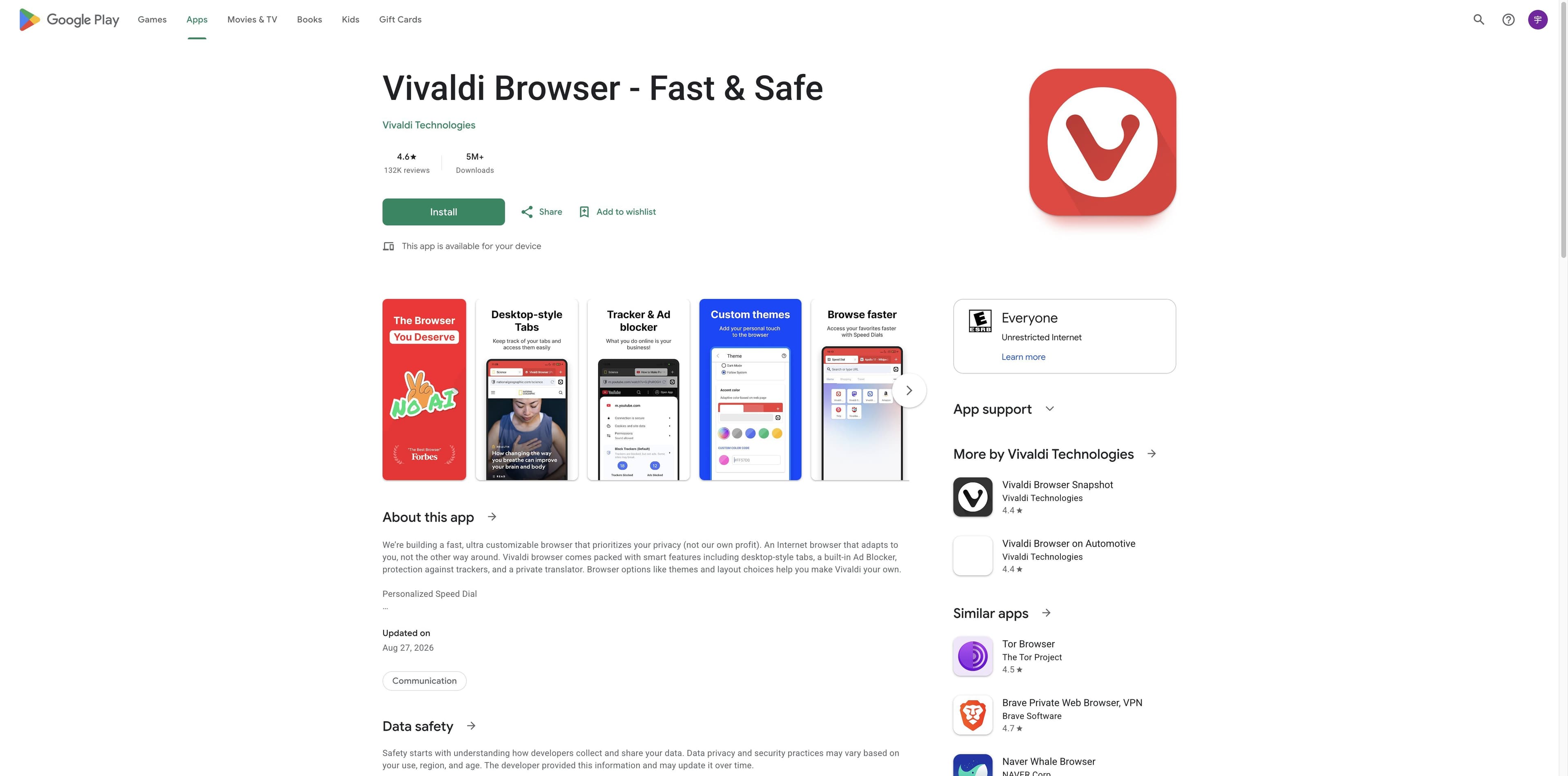 Google Play listing for Vivaldi Browser - Fast & Safe showing the Install button, app icon, feature screenshots and download count