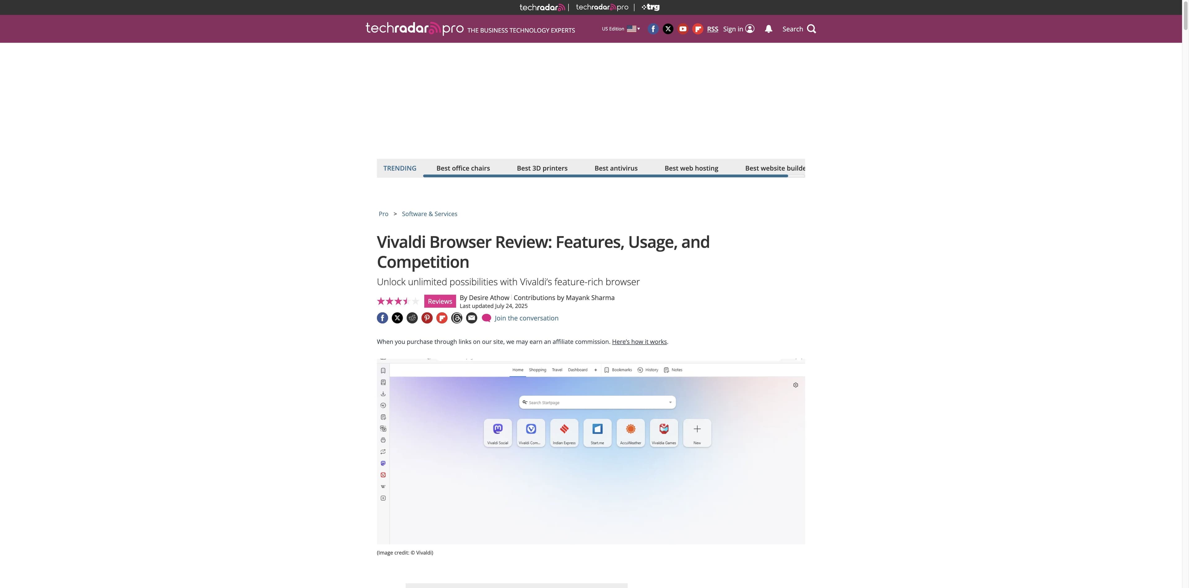 Página de la reseña de Vivaldi en TechRadar con el titular y una captura de su interfaz