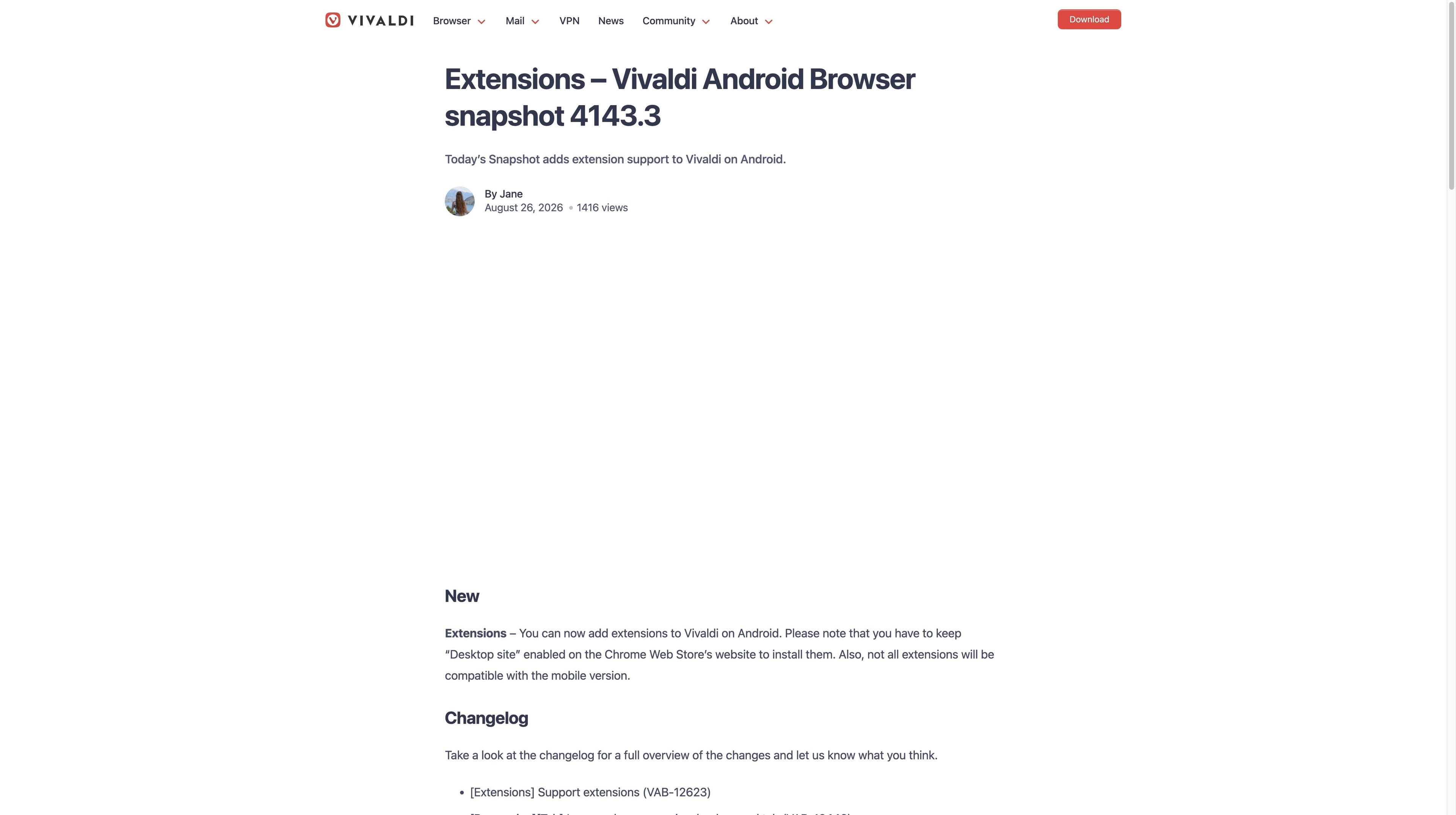 Official Vivaldi Android snapshot 4143.3 announcing extension support and its Desktop site compatibility caveat