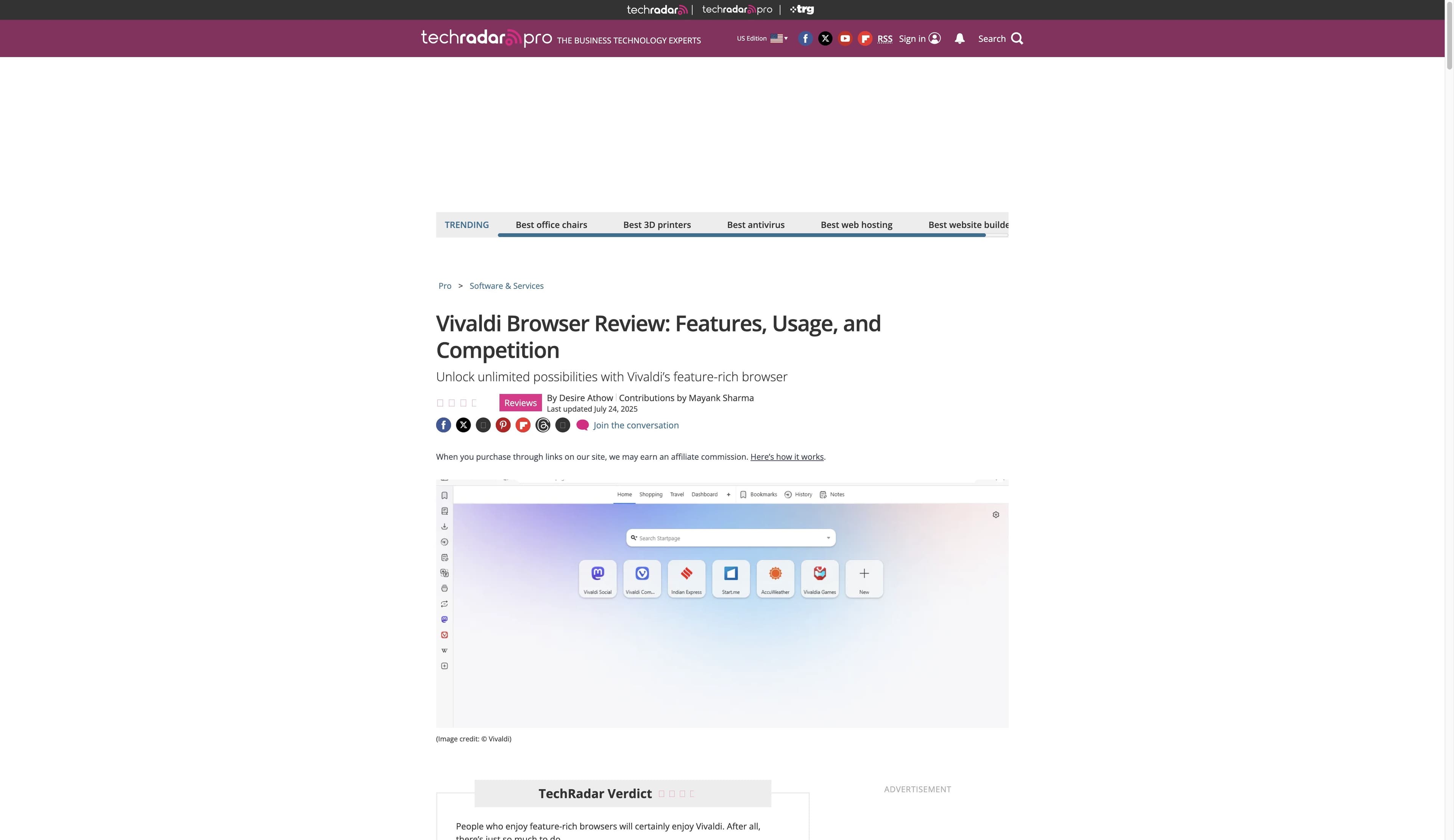 TechRadar Vivaldi Browser review page showing the review headline and a Vivaldi start-page screenshot