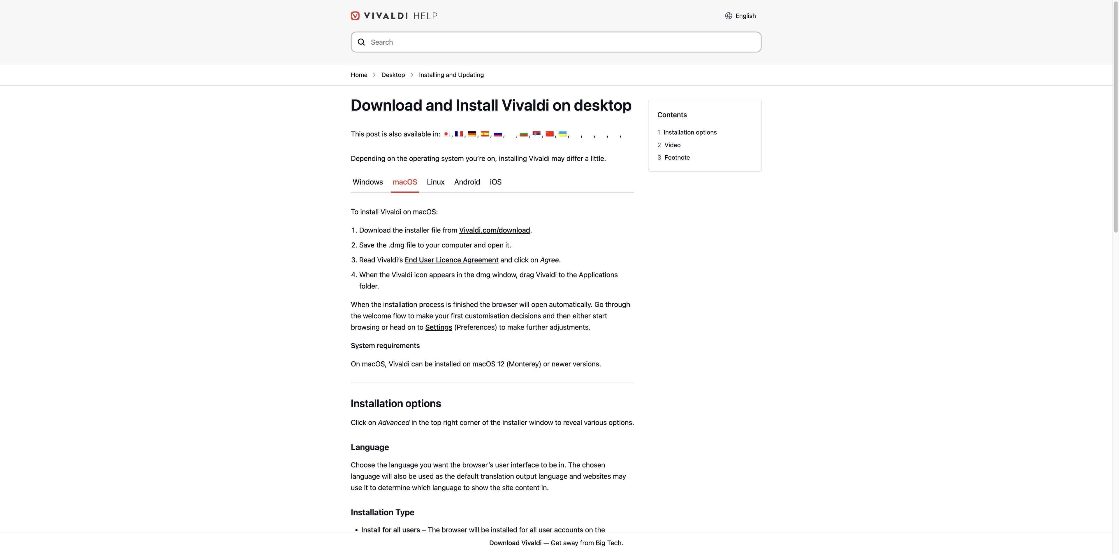 Vivaldi Help installation page showing the macOS tab, DMG steps and macOS 12 Monterey system requirement