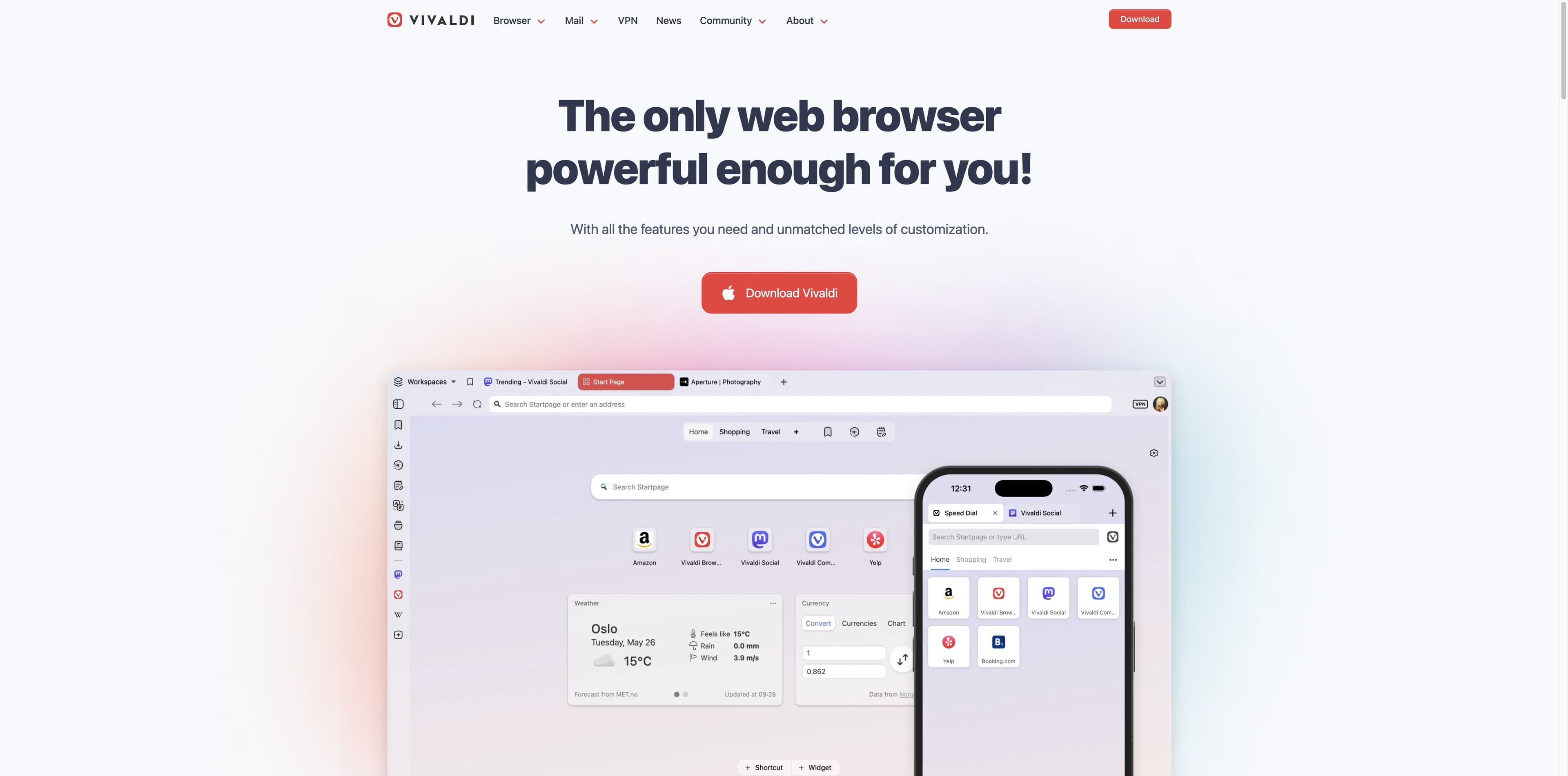 Vivaldi official homepage showing a configurable desktop browser window and mobile preview