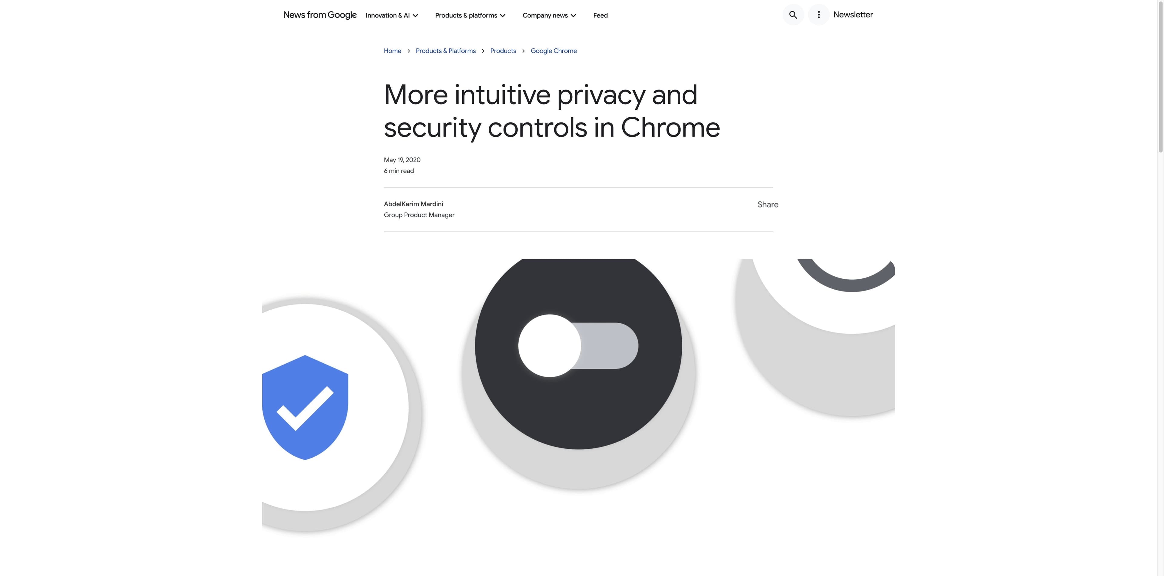 Google Chrome official article about privacy and security controls, with a safety shield illustration