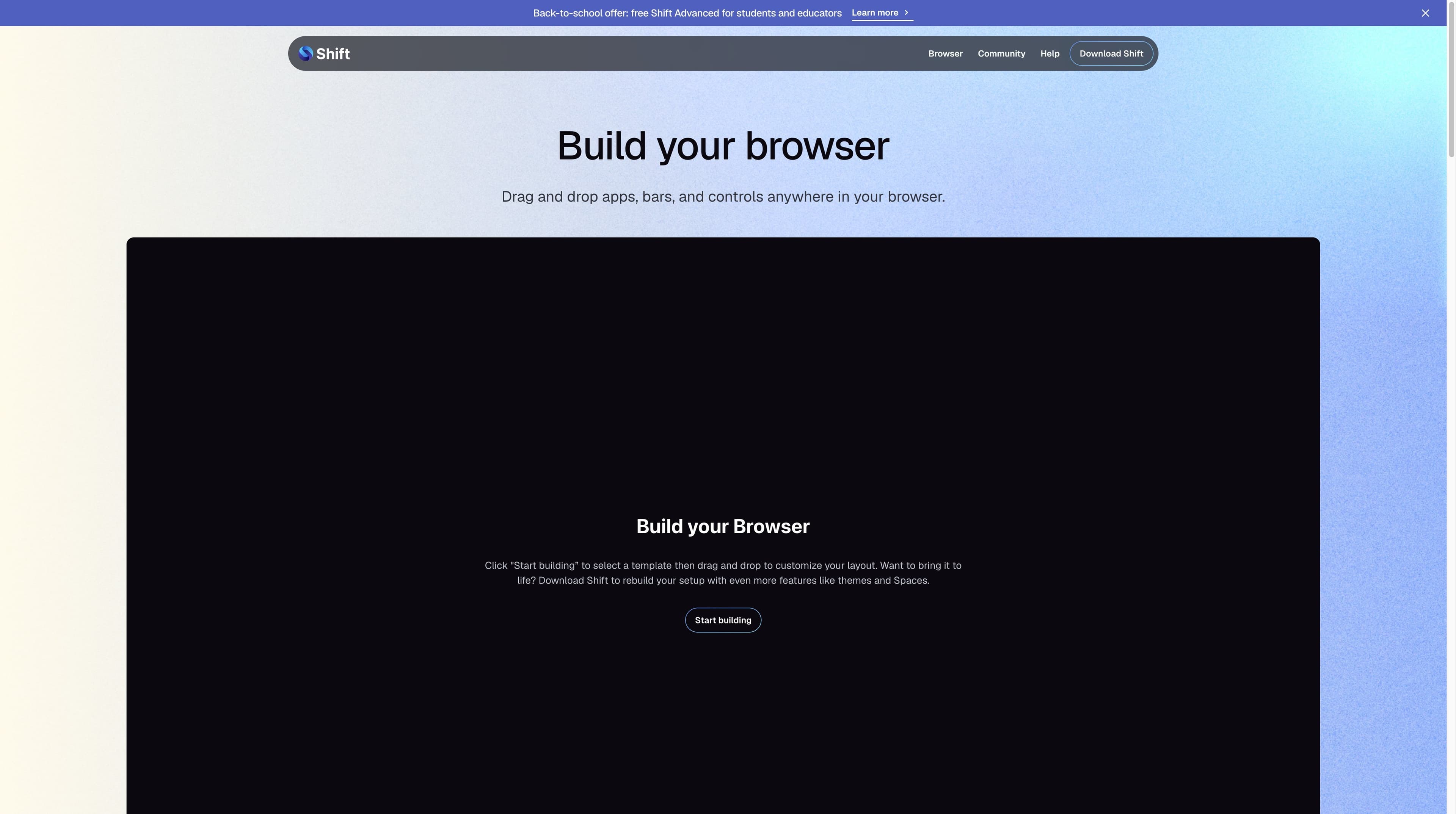 Shift Builder page showing the Build your browser headline, drag-and-drop description and Start building control above a dark demo panel