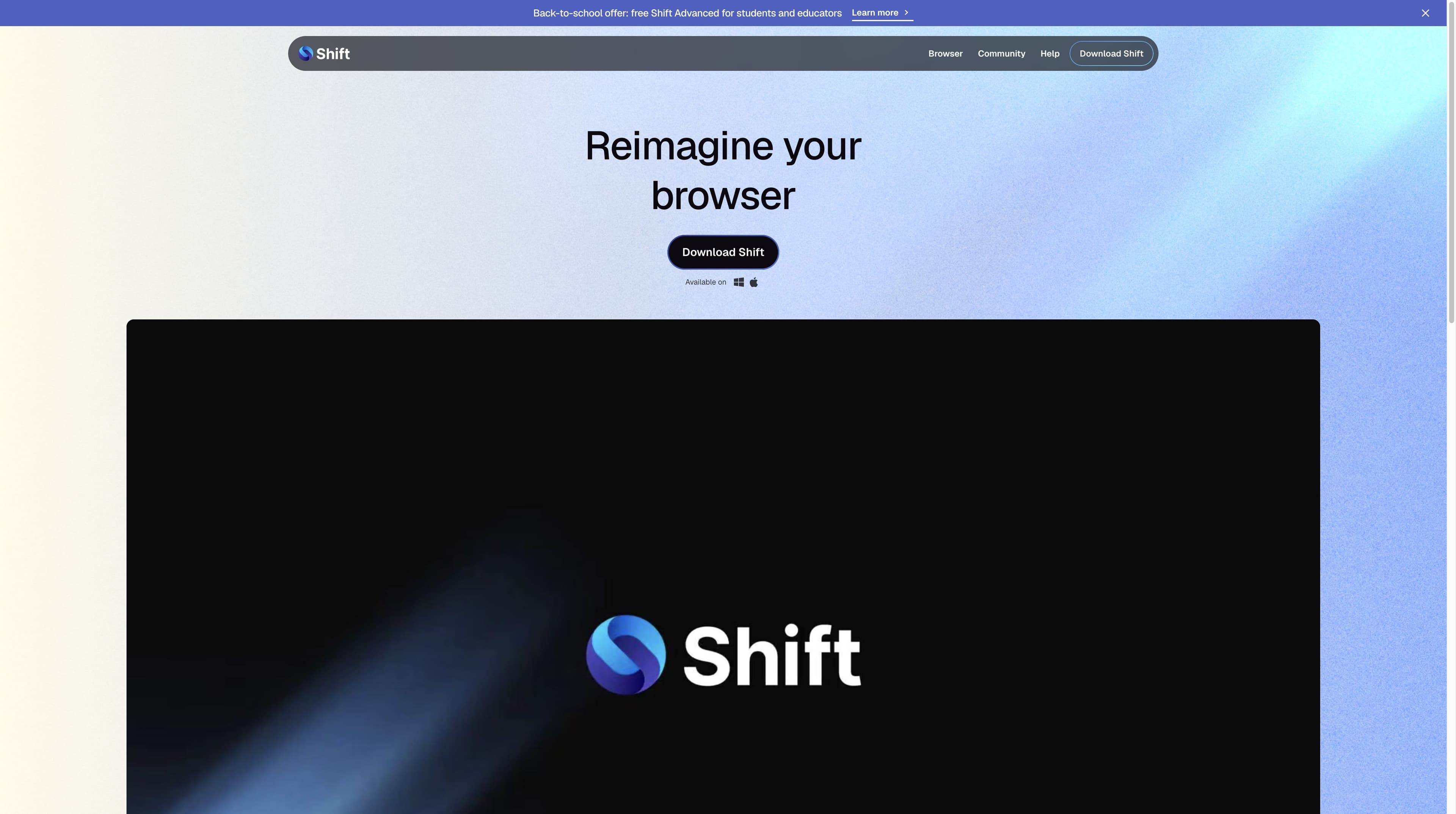 Shift official homepage with the Reimagine your browser headline, download button and dark Shift product demo