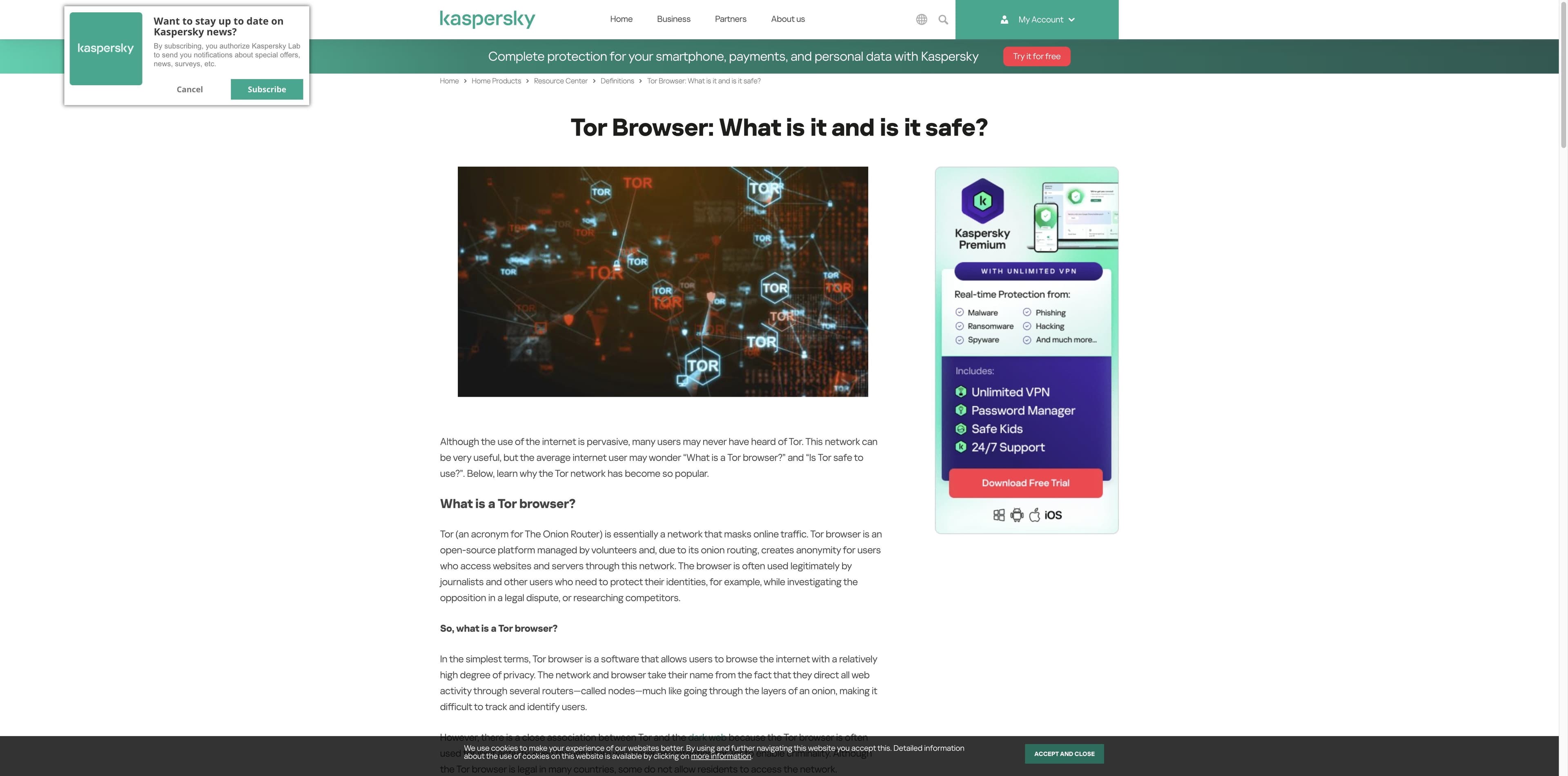 Página de Kaspersky titulada Tor Browser: qué es y es seguro, con una ilustración de la red Tor