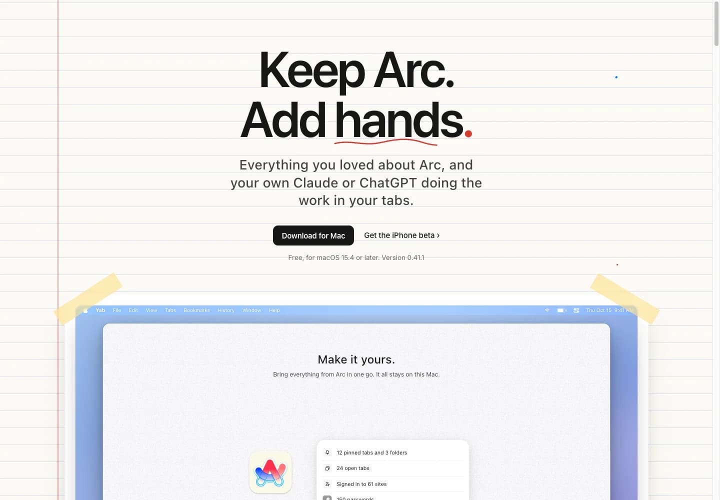 YAB 官网展示 Arc 风格定位、Mac 下载入口和导入示意图