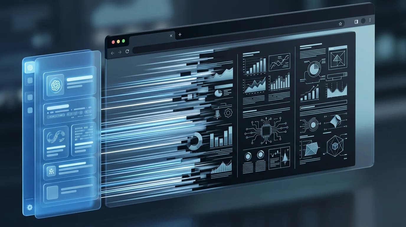 Ilustração 3D moderna de uma interface de navegador renderizando diagramas técnicos com uma barra lateral de leitura com IA