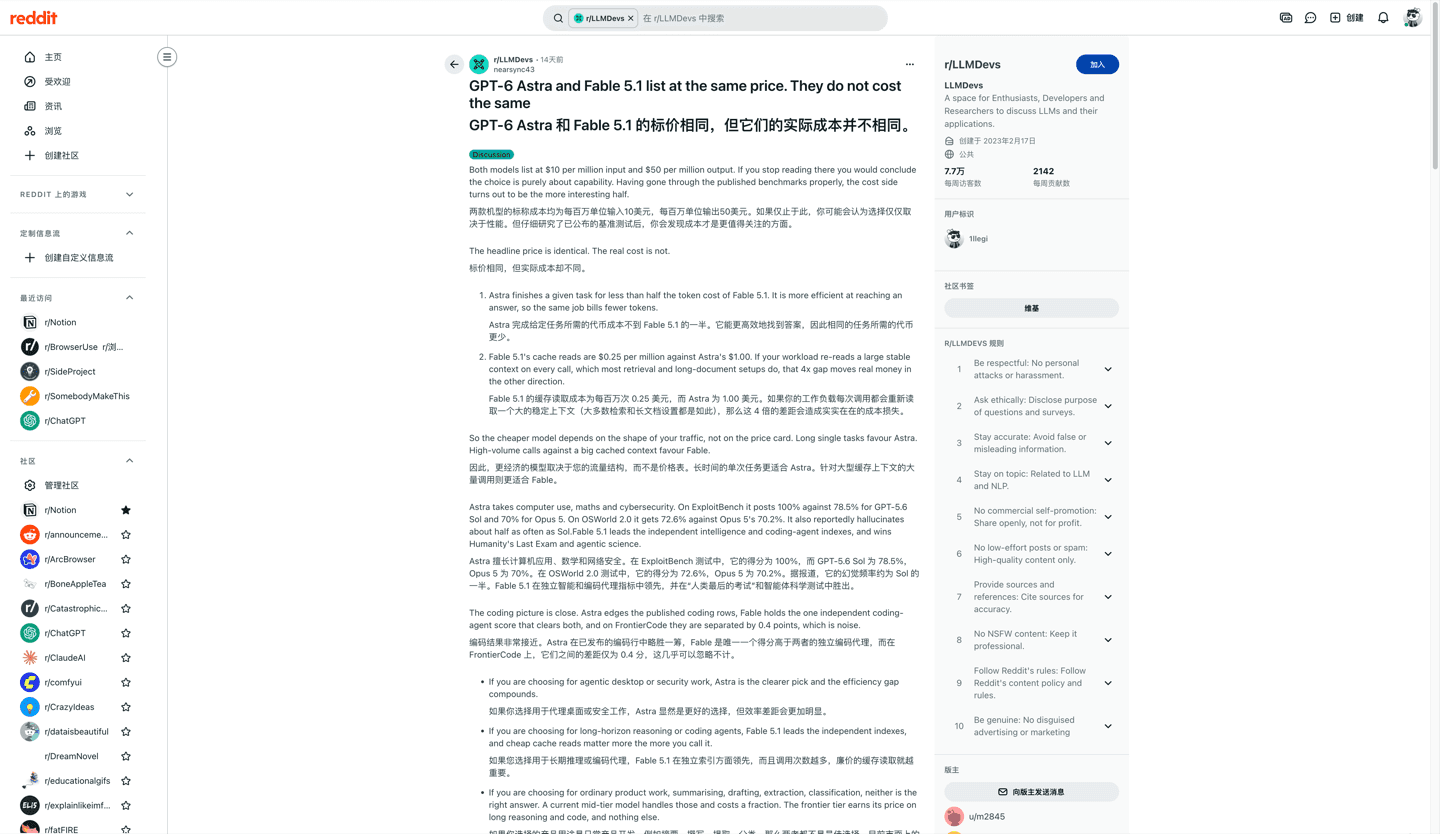 r/LLMDevs 帖子:GPT-6 Astra 与 Fable 5.1 标价相同,但按任务形状实际成本不同