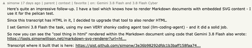 Hacker News:simonw 描述用 Gemini 3.8 Flash 修改 HTML 渲染器。