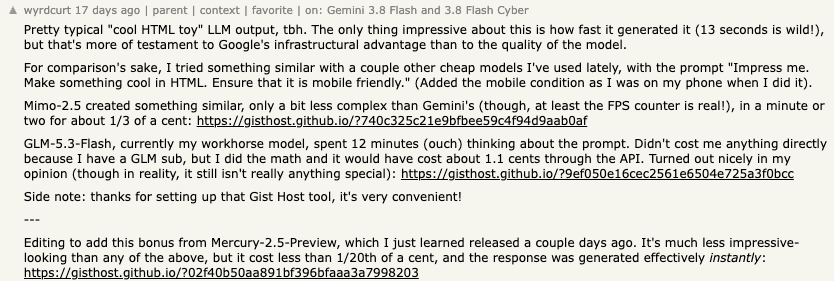 Hacker News:wyrdcurt 质疑生成的 HTML 演示的实用性。