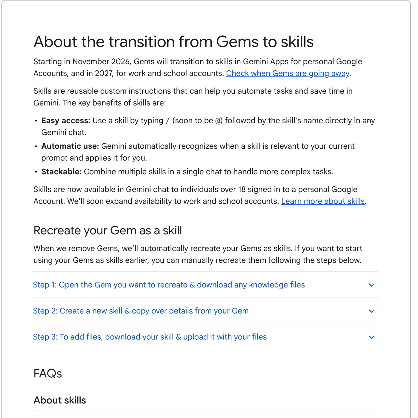 Google Gemini 帮助页展示 Gems 转换说明、聊天内 Skills 的特点与三个手动迁移步骤