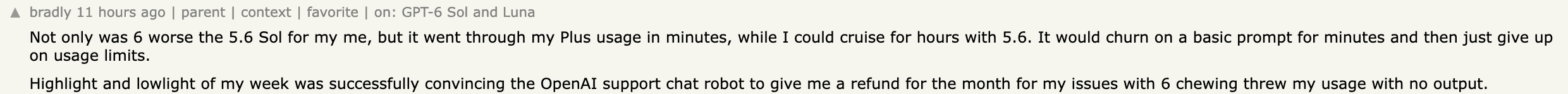 Hacker News 用户 bradly 的评论:GPT-6 几分钟烧穿 Plus 用量,5.6 Sol 能用几小时