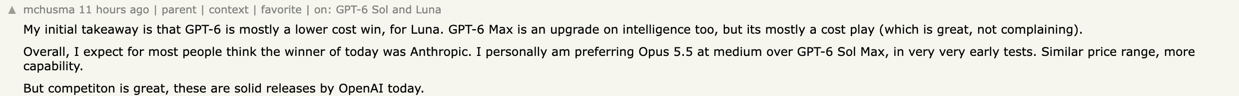 Hacker News 用户 mchusma 的评论:早期测试更偏好 medium 档 Opus 5.5 而非 max 档 GPT-6 Sol