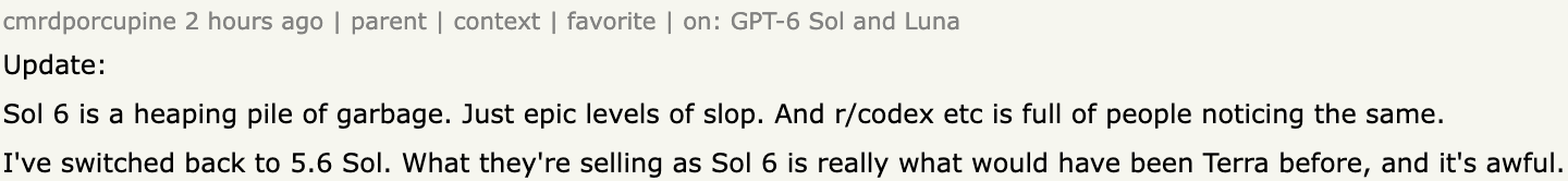 Hacker News 用户 cmrdporcupine 的评论:换回 5.6 Sol,称 Sol 6 其实是以前的 Terra