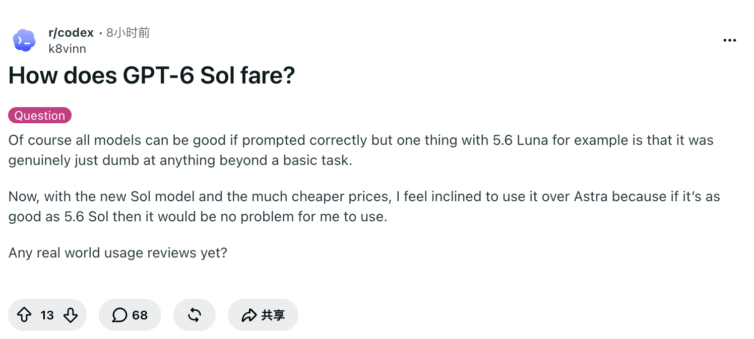 r/codex 帖子 How does GPT-6 Sol fare,征集真实使用评测