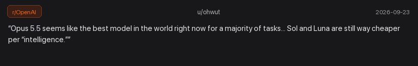 Comentario de u/ohwut en Reddit sobre Opus 5.5 frente a los precios de Sol y Luna