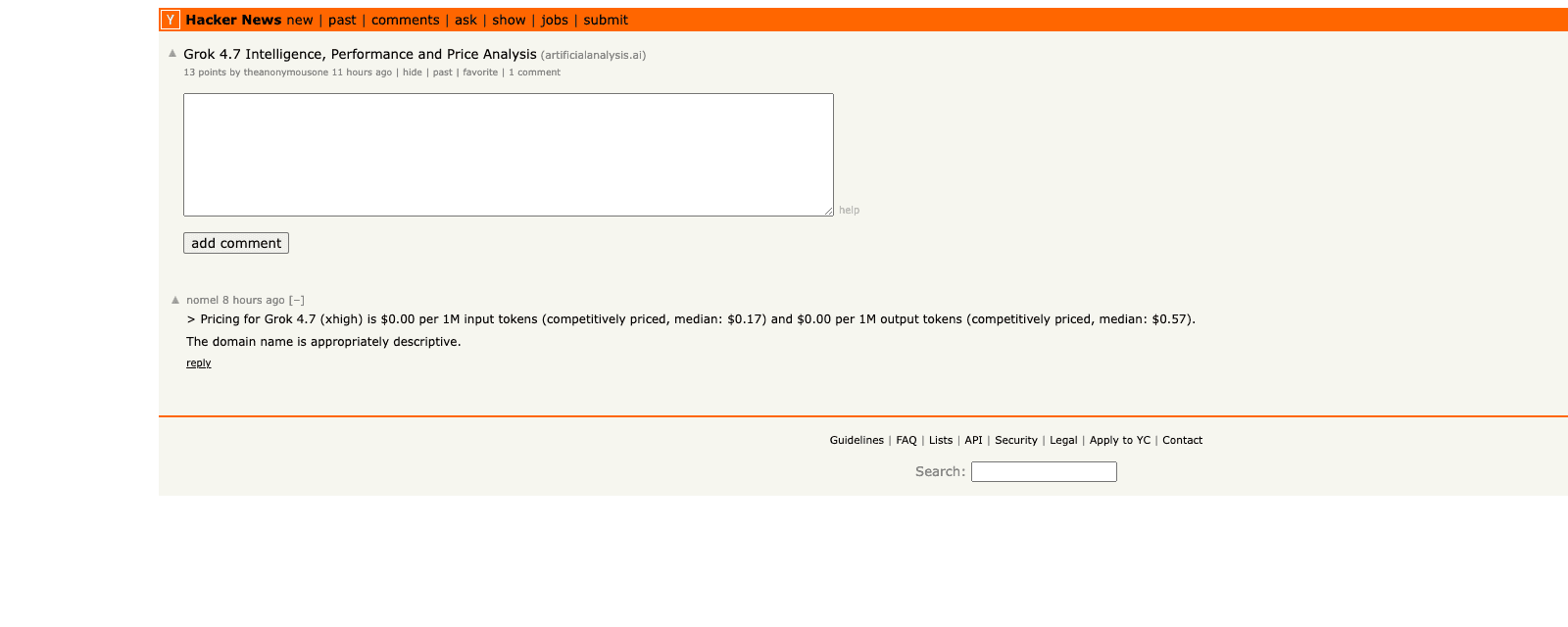 Grok 4.7を100万トークンあたり0ドルと表示したページを引用するHacker Newsのコメント
