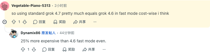標準のGrok 4.7の費用をGrok 4.6のfast modeと比べるRedditのコメント