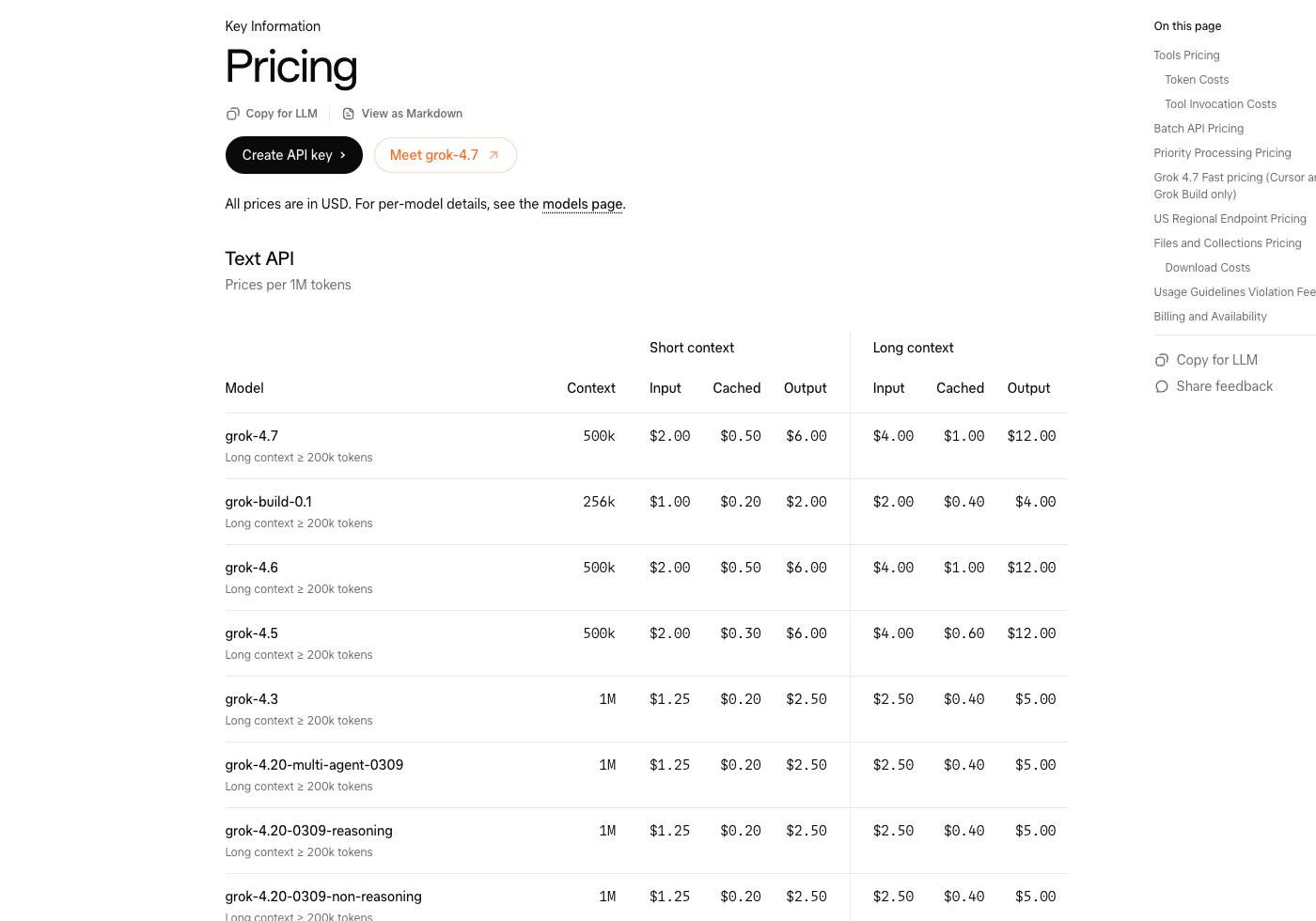 xAIのテキストAPI料金表。grok-4.7の短文脈は入力2ドル、キャッシュ0.50ドル、出力6ドル