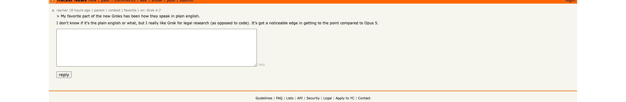 Hacker News 用户 rayiner 的评论,称做法律检索时更喜欢 Grok,因为它更快说到点子上