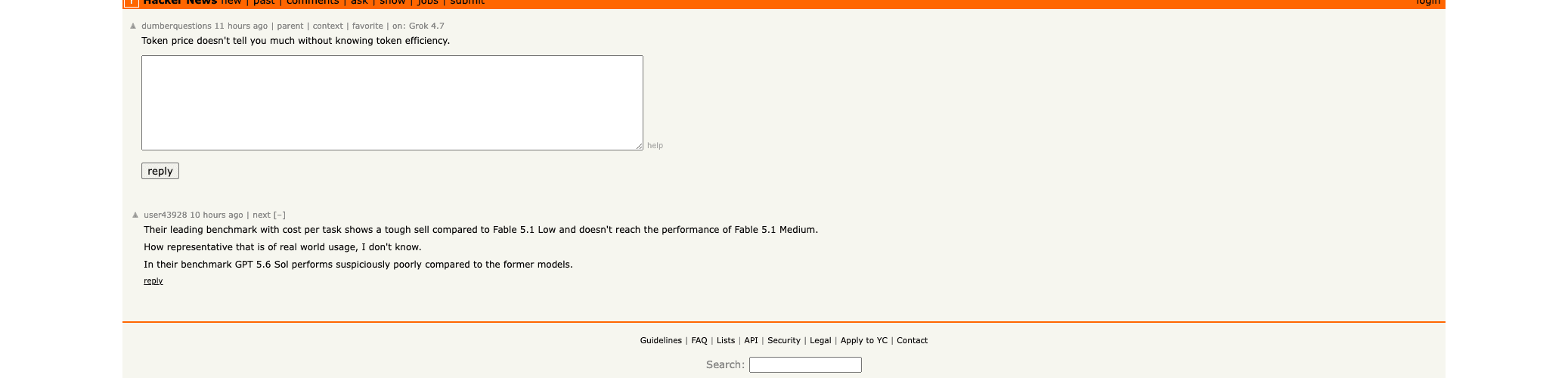 Hacker News 评论:token 标价不等于 token 效率,而且按每任务成本看,Grok 4.7 相对 Fable 5.1 Low 并不划算