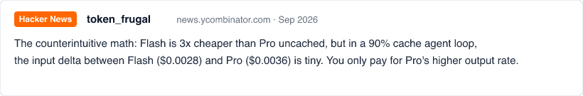 Hacker News 用户 token_frugal 关于 Flash 与 Pro 选型的评价